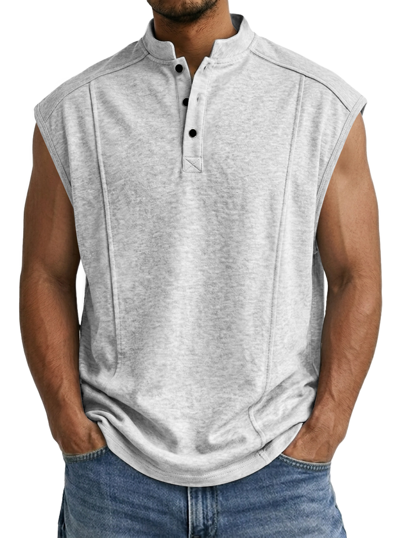 Men's Casual Stand Collar Button Deconstructed Design Solid Color Sleeveless Vest