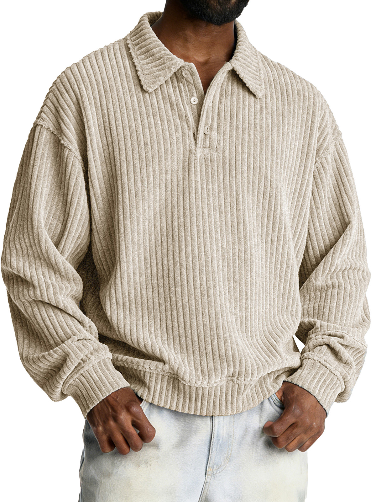 Fashionable Retro Loose Pit Strip Fabric Lapel Long-sleeved Polo Shirt