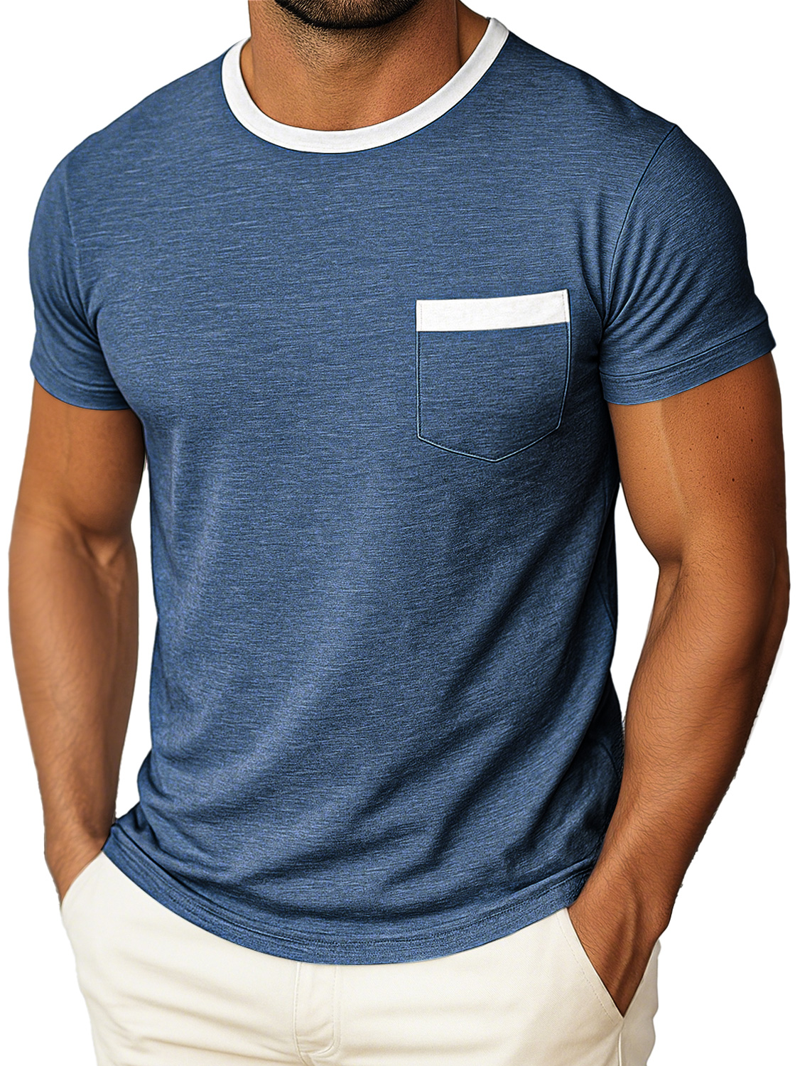 Men's Daily Round Neck Color Matching Pocket Casual Short Sleeve T-shirt