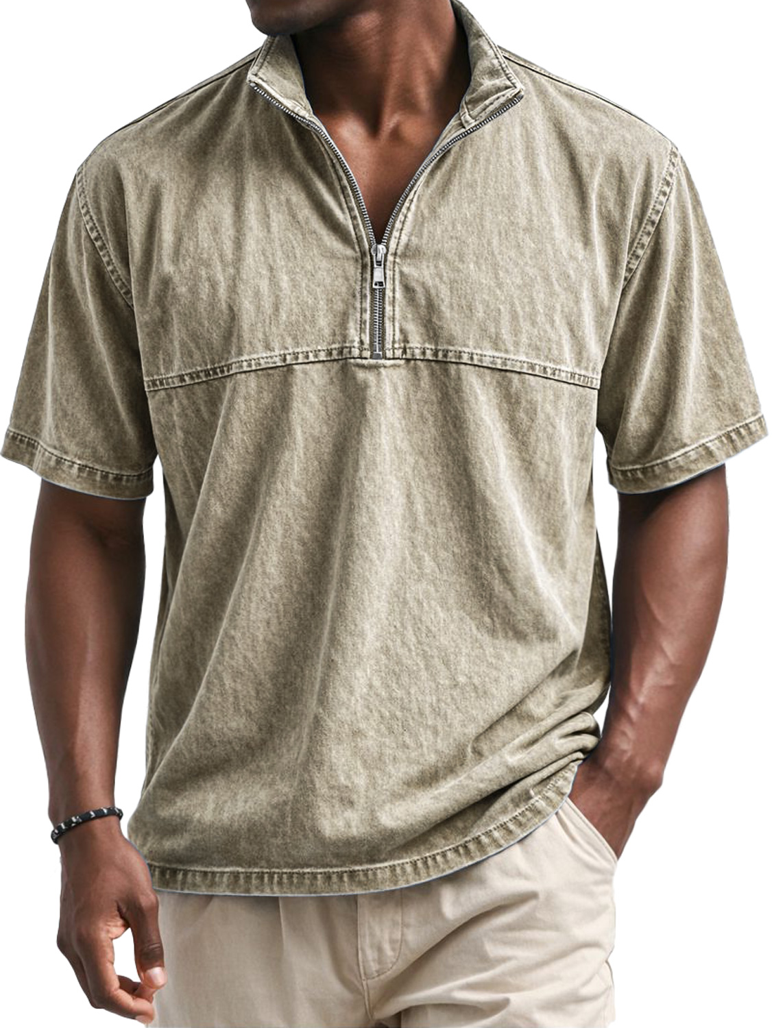 Men's Vintage Stand-collar Short-sleeved T-shirt With Zipper And Panel Design