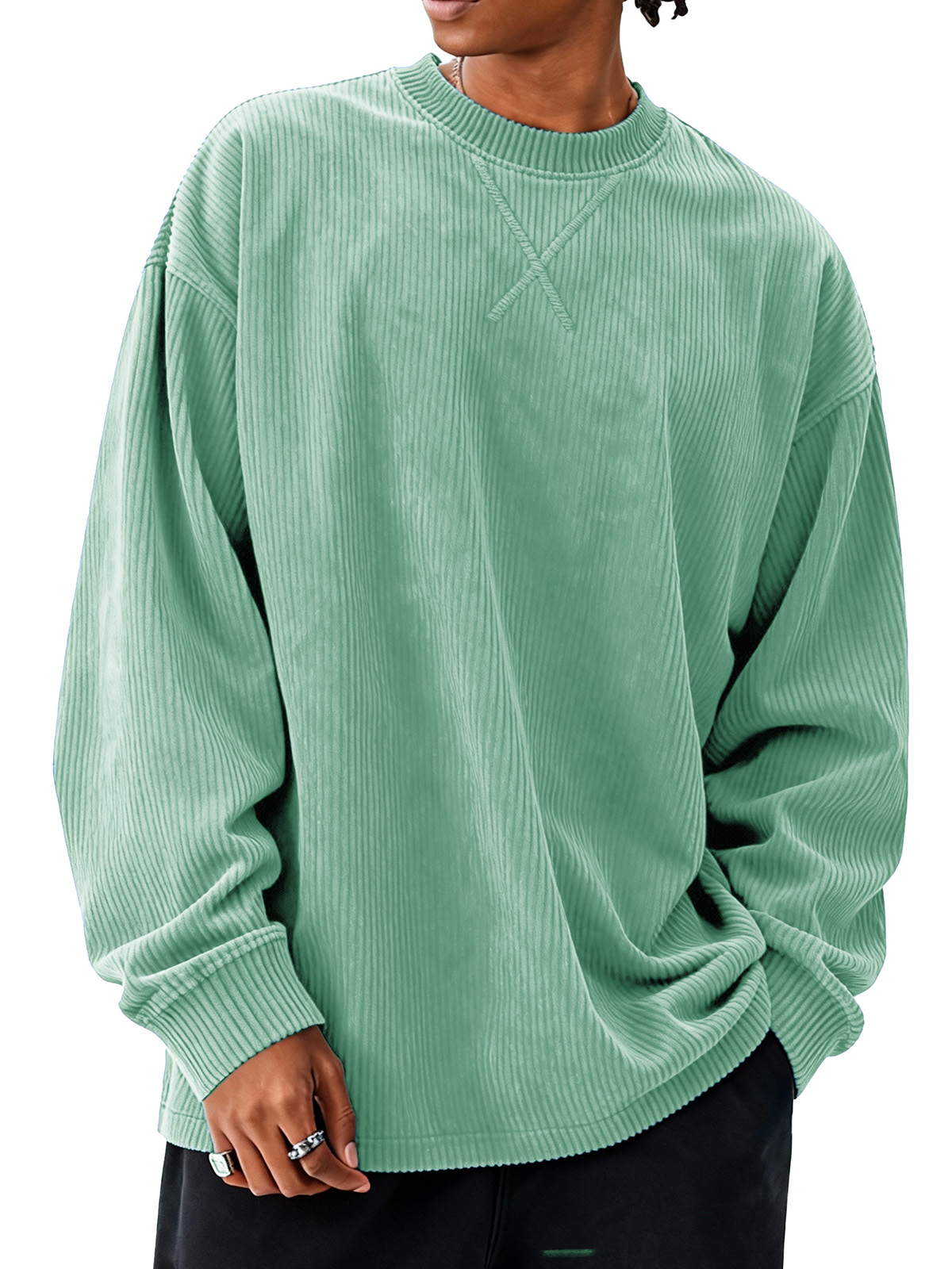 Men's fashionable casual loose round collar corduroy fabric long-sleeved T-shirt