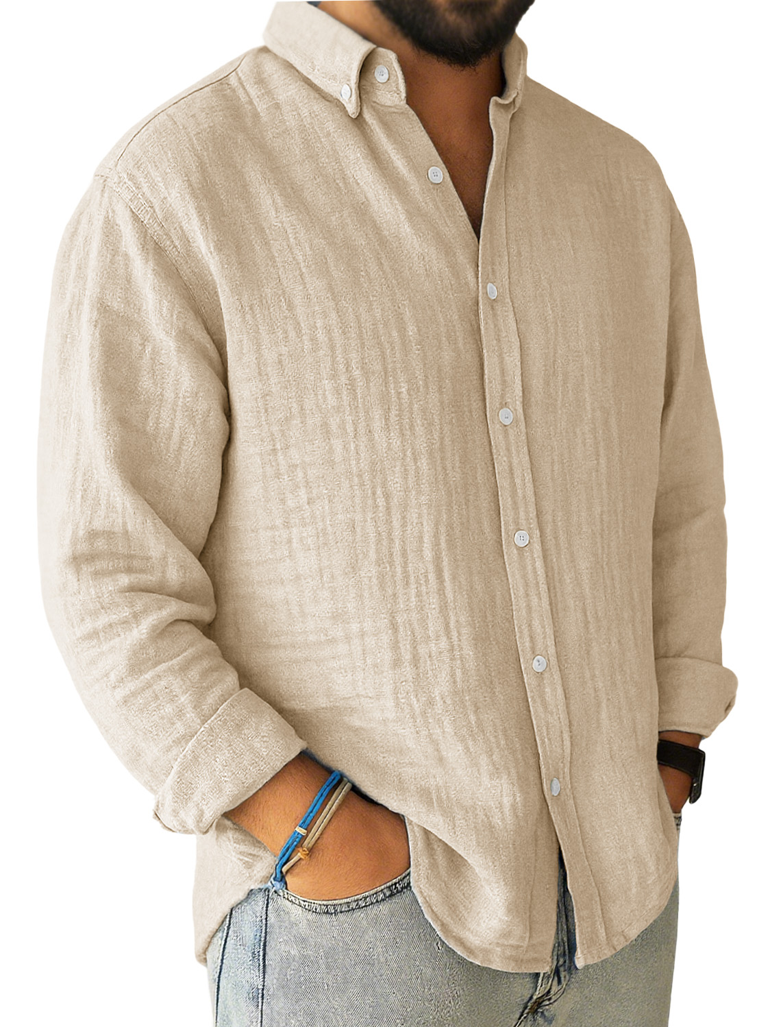 Men's Casual Pleated Loose-fitting Long-sleeved Lapel Shirt