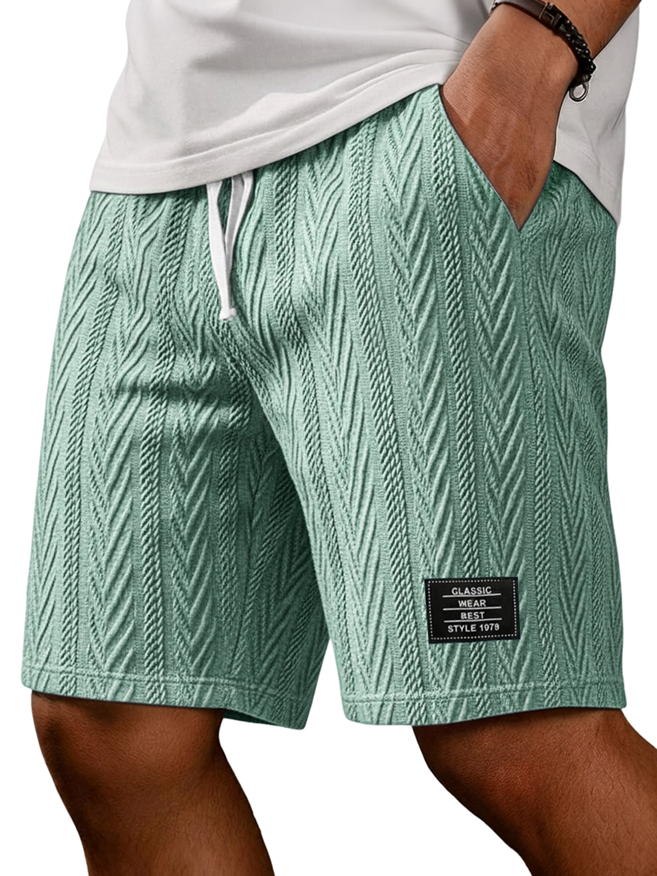 Men's Fashion Textured Embroidered Logo Casual Loose Shorts