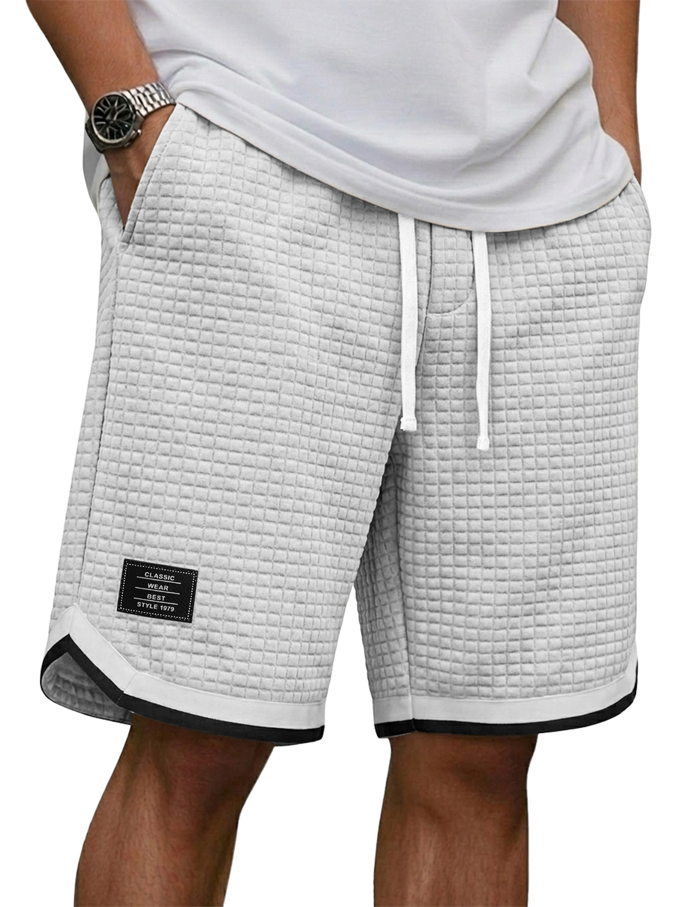 Men's Casual Waffle Knit Embroidered Logo Patchwork Webbing Loose Shorts