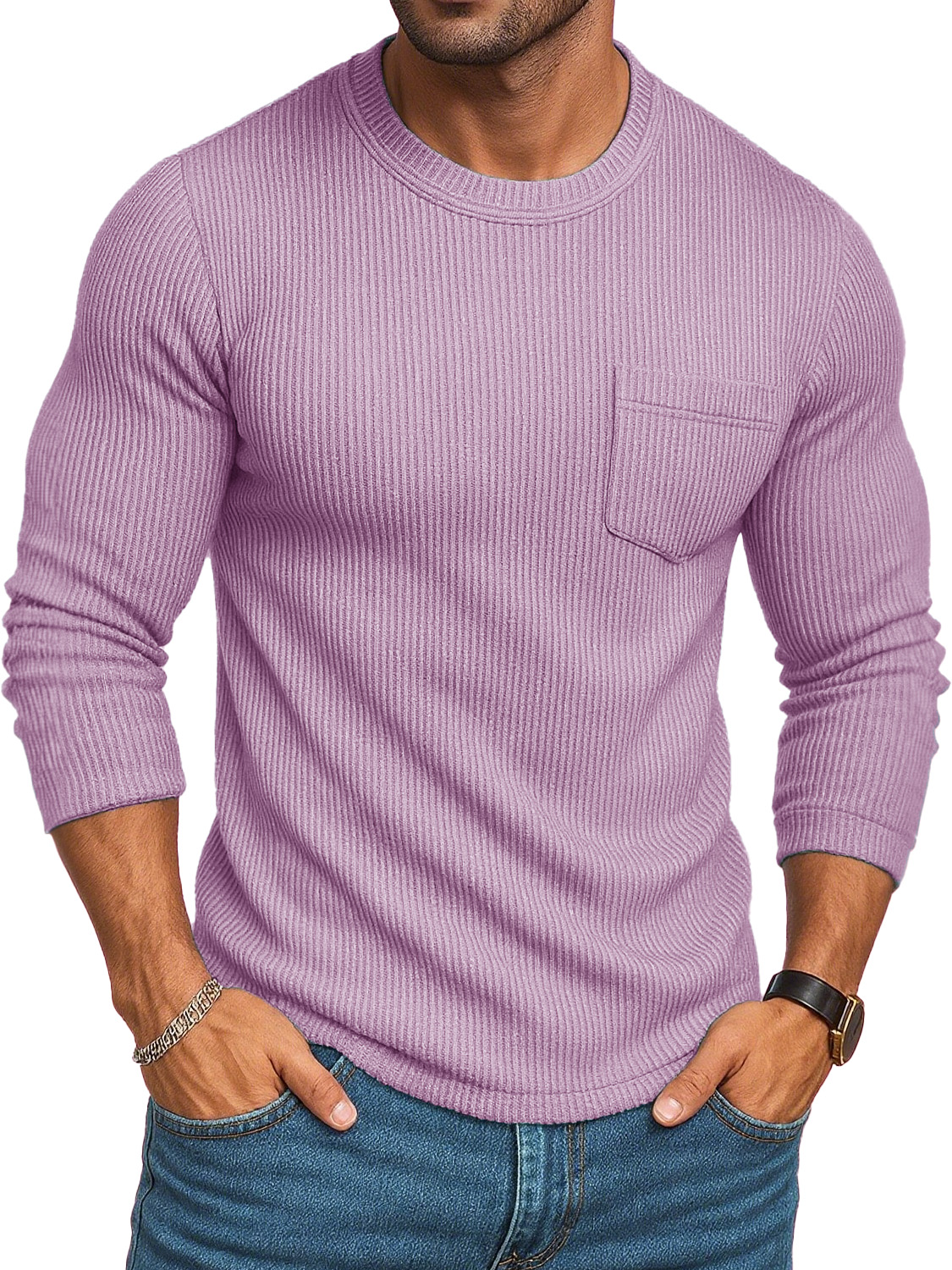 Men's Stylish Casual Retro Round-neck Ribbed Fabric Long-sleeved Pocket T-shirt