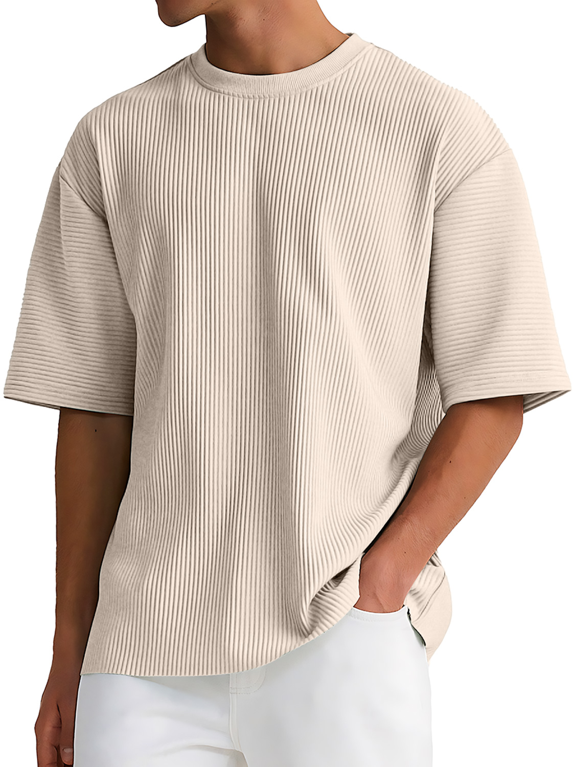 Men's Daily Round Neck Ribbed Texture Casual Solid Color Short-sleeved T-shirt