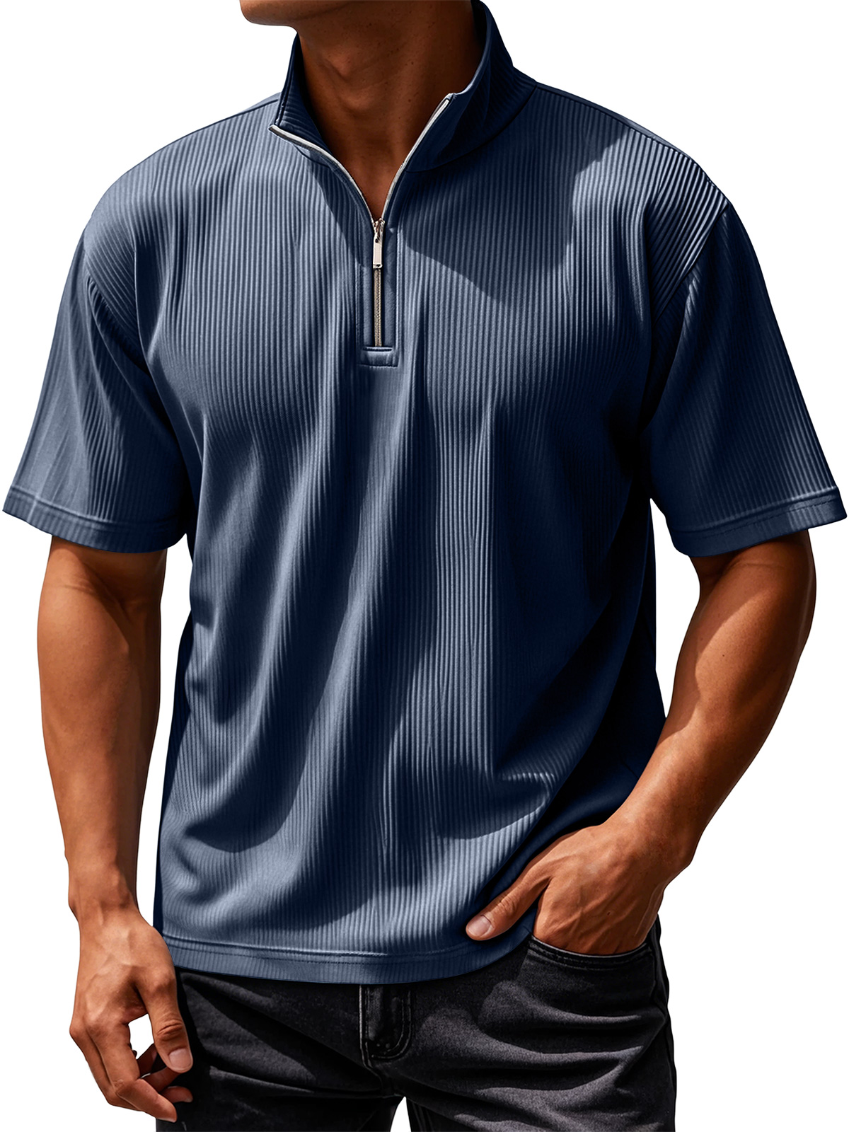 Men's Daily Ribbed Texture Casual Solid Color Short-sleeved T-shirt