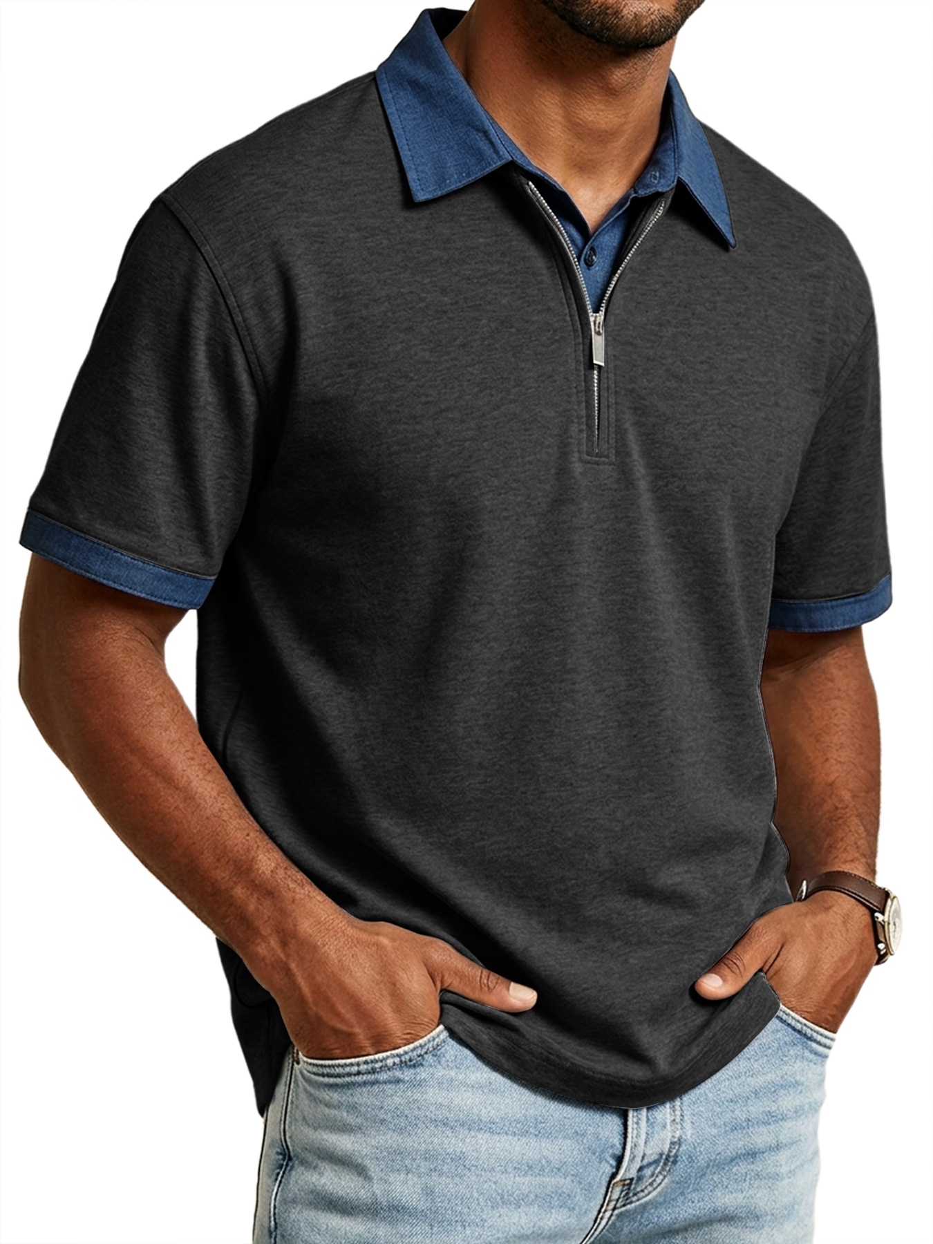Men's Casual Faux Two-Piece Collared Zipper Color Block Short-Sleeve Polo Shirt