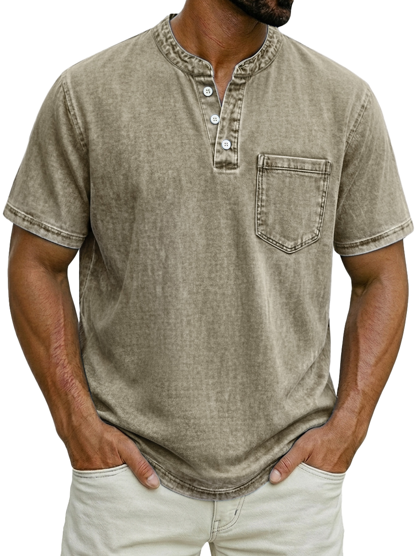 Men's Casual Retro Stand Collar Button-Down Short Sleeve Henley Shirt