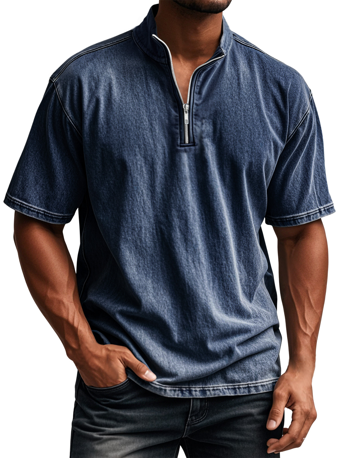 Men's Retro Everyday Stand Collar Quarter Zip Casual Short Sleeve T-Shirt