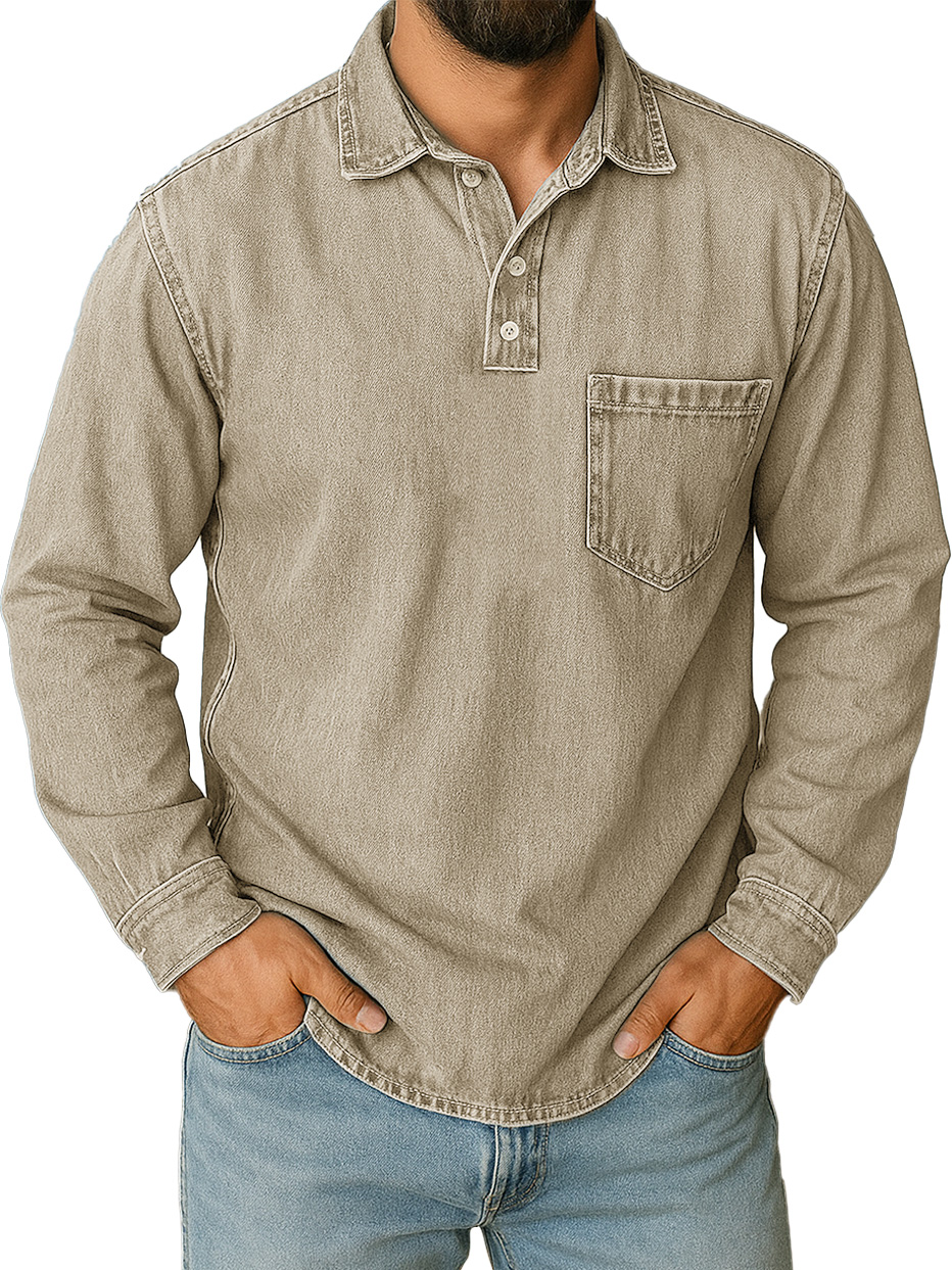 Men's Stylish Vintage Distressed Pocket Lapel Long-sleeved Polo Shirt