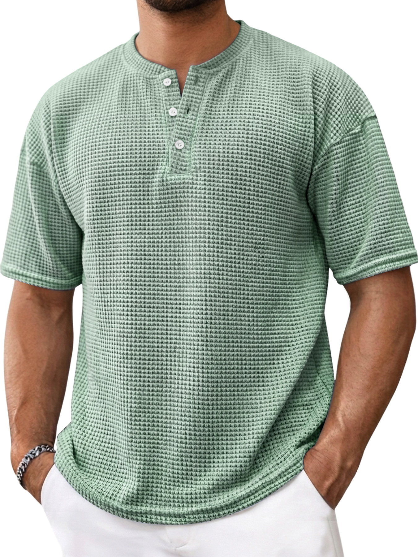 Men's Casual Textured Solid Color Short-Sleeve Henley Shirt