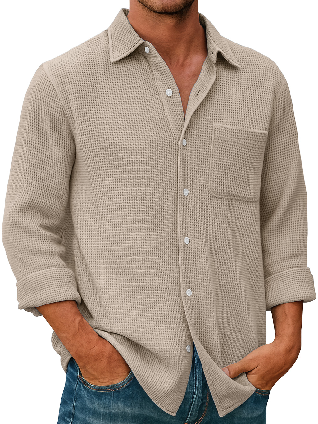 Men's Waffle Everyday Casual Pocket Comfort Long Sleeve Shirt