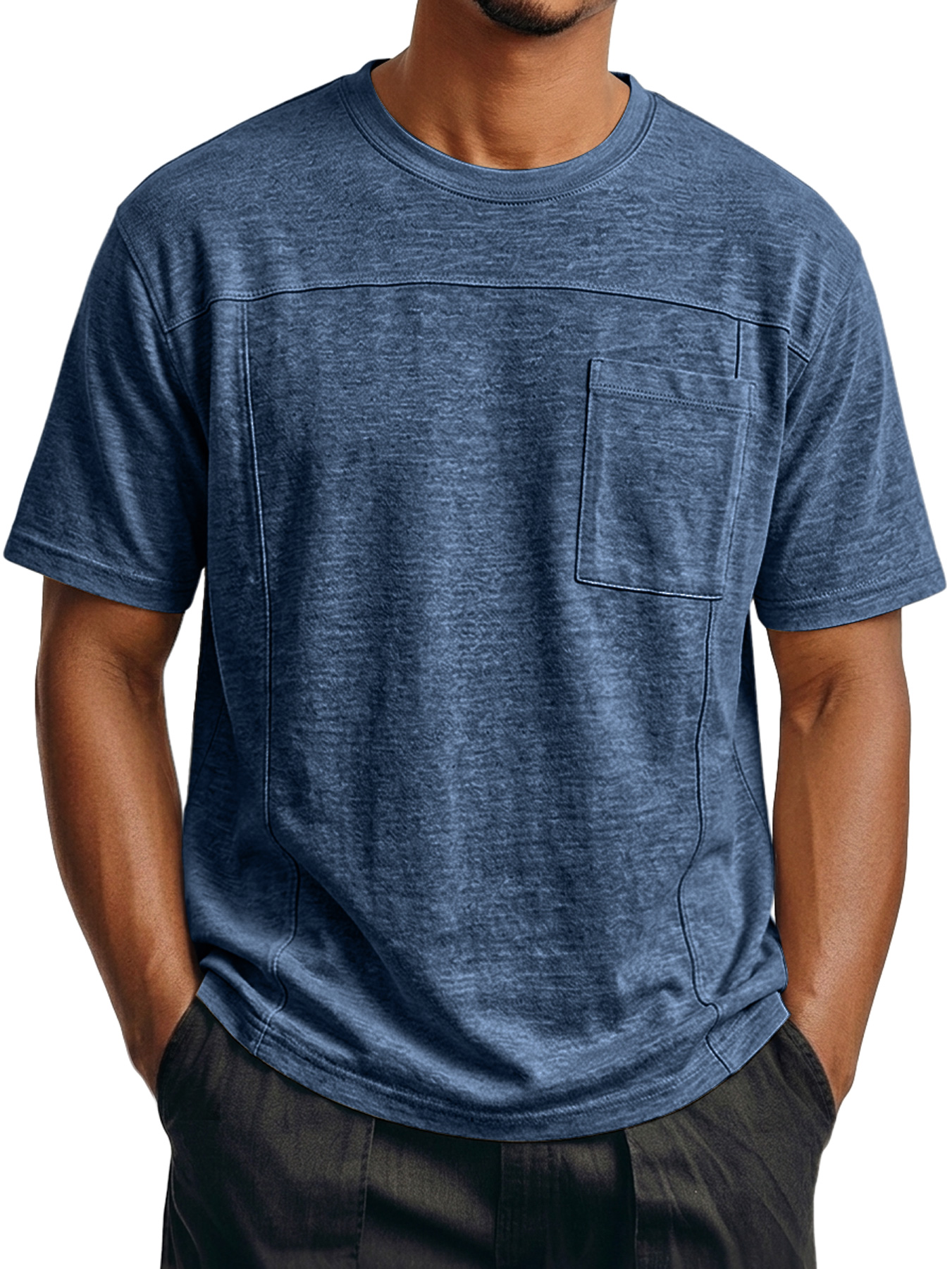Men's Crew Neck Short-Sleeve T-Shirt with Deconstructed Design and Pocket