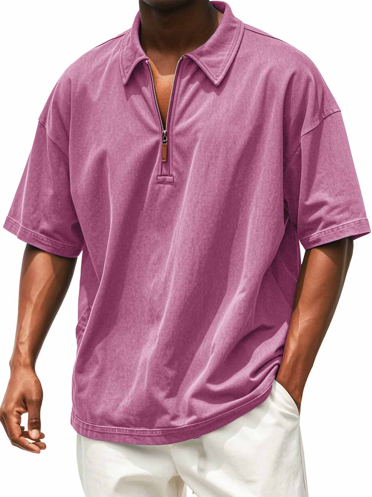 Men's Retro Distressed Zip Short Sleeve Polo Shirt