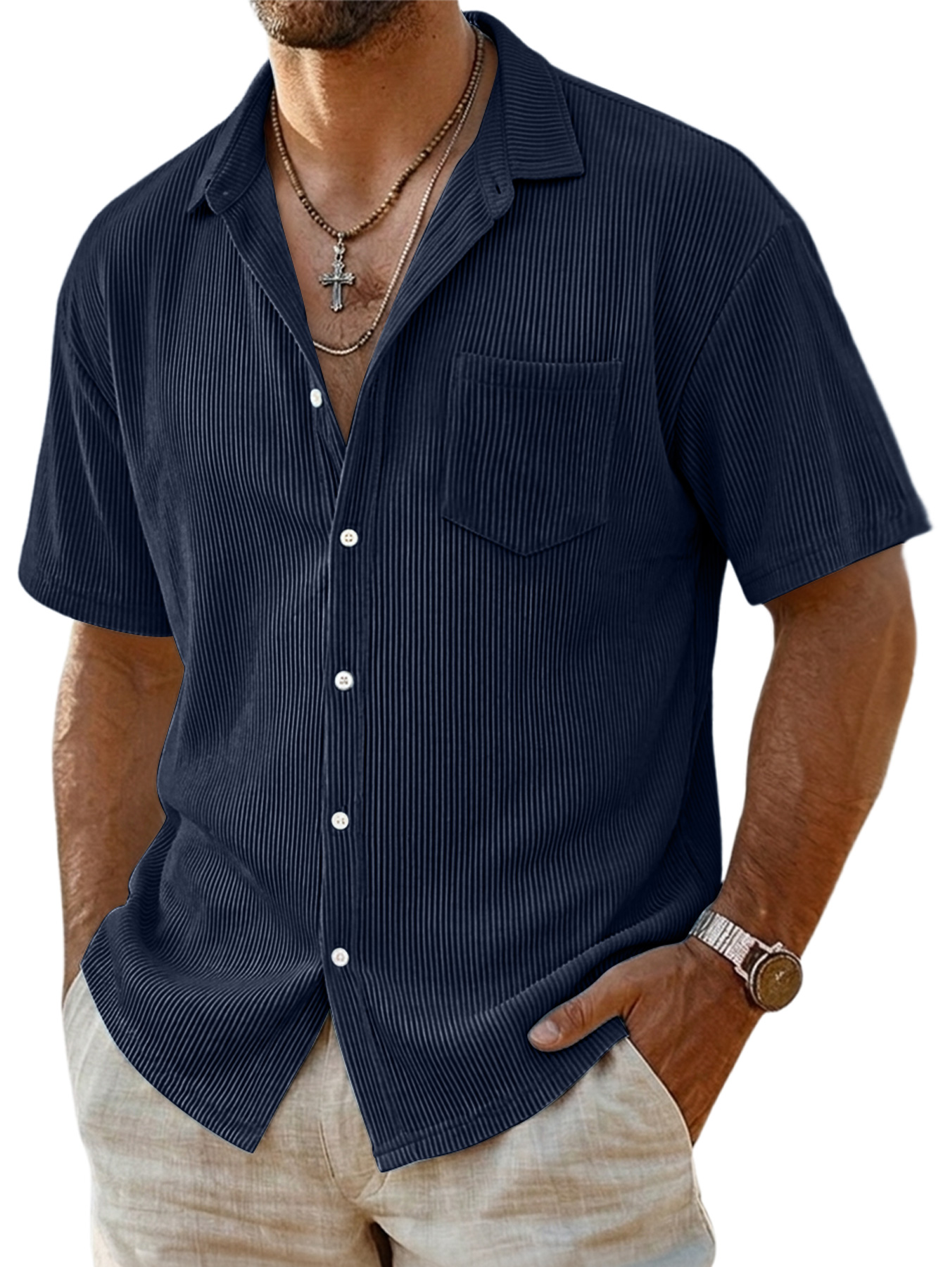 Men's Casual Ribbed Pocket Short-sleeved Shirt