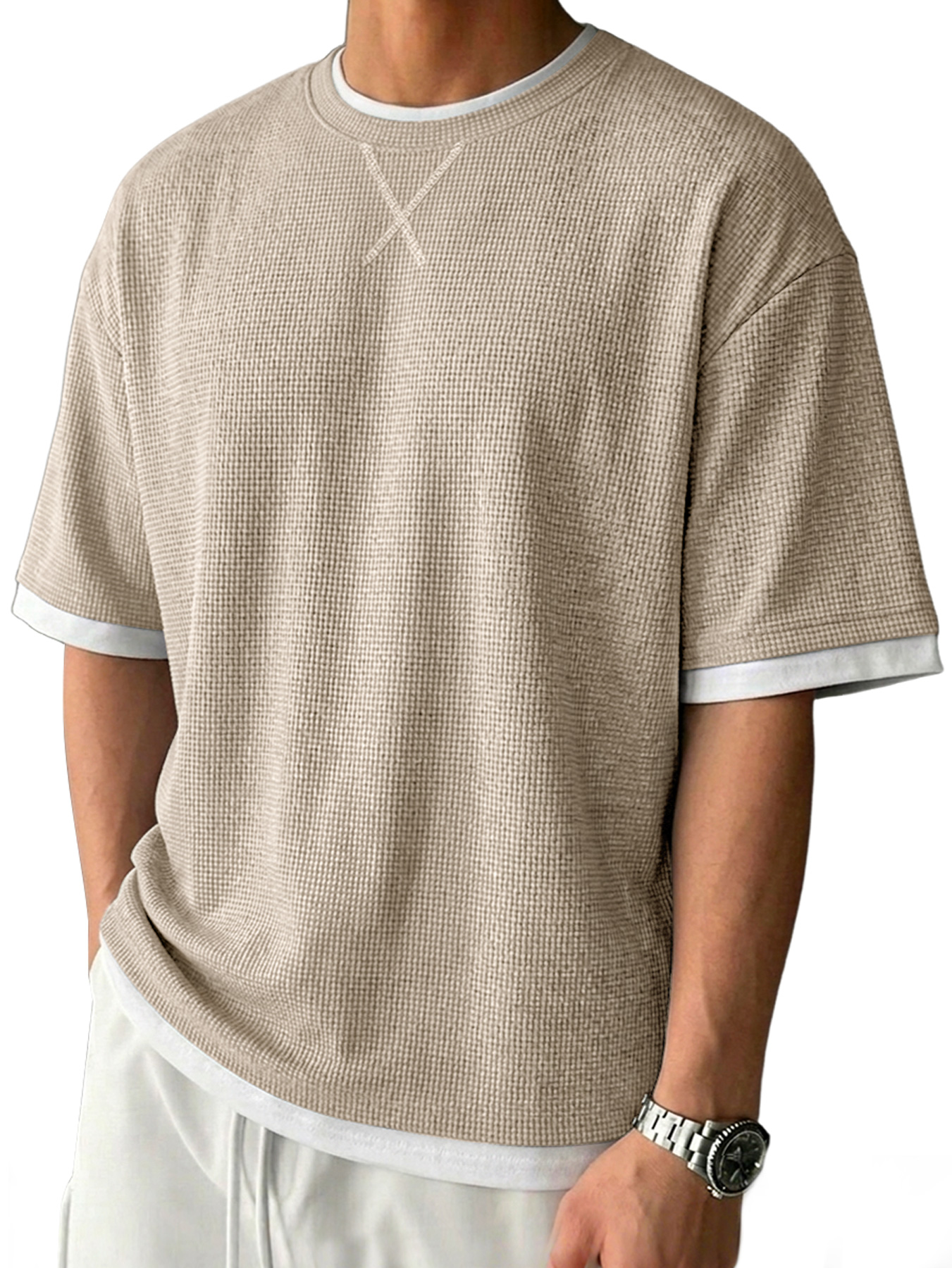 Men's Casual Crew-Neck Solid-Color Textured Short-Sleeve T-Shirt