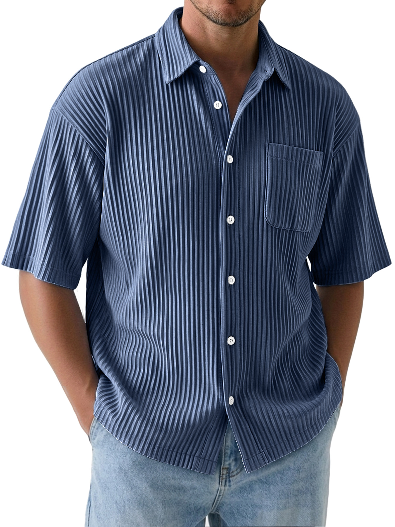 Men's Comfortable Textured Solid-Color Short-Sleeve Casual Shirt
