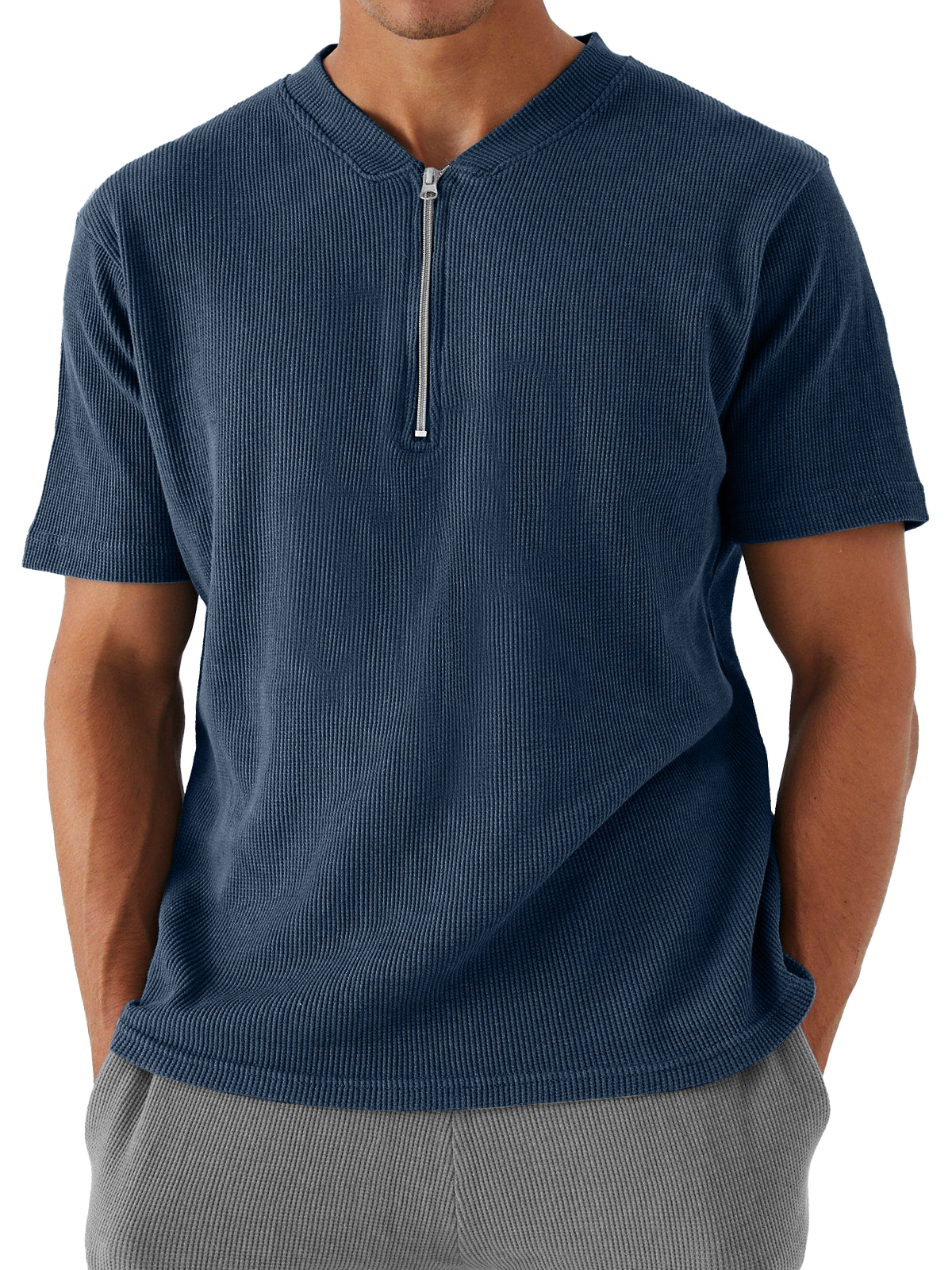 Men's Waffle Zipper Casual Solid Color Short Sleeve T-shirt