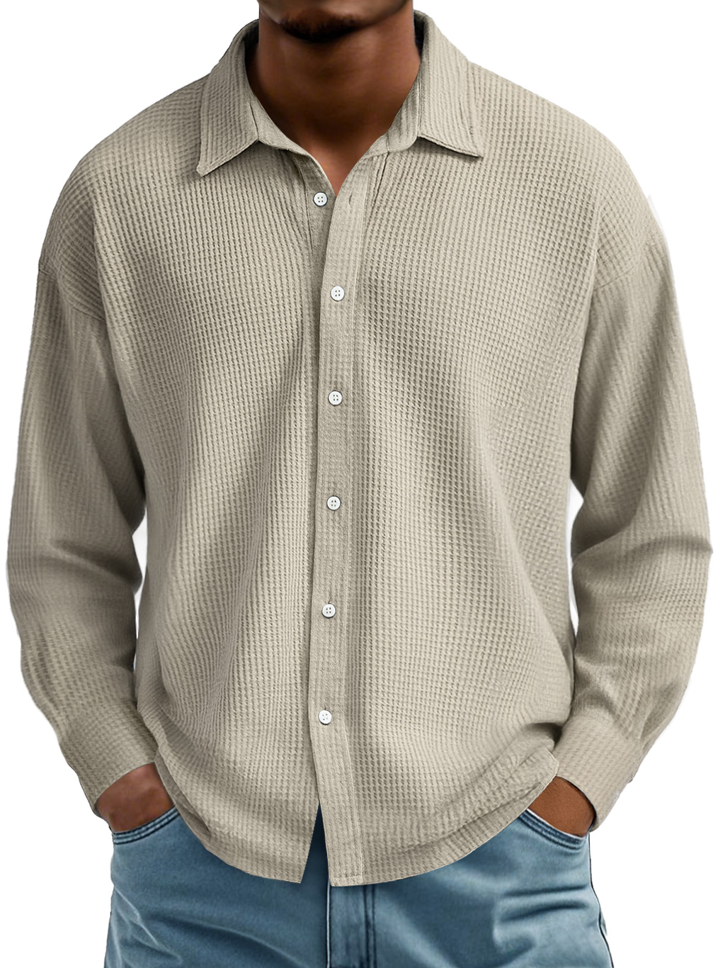 Men's Waffle Lapel Casual Comfort Long Sleeve Shirt