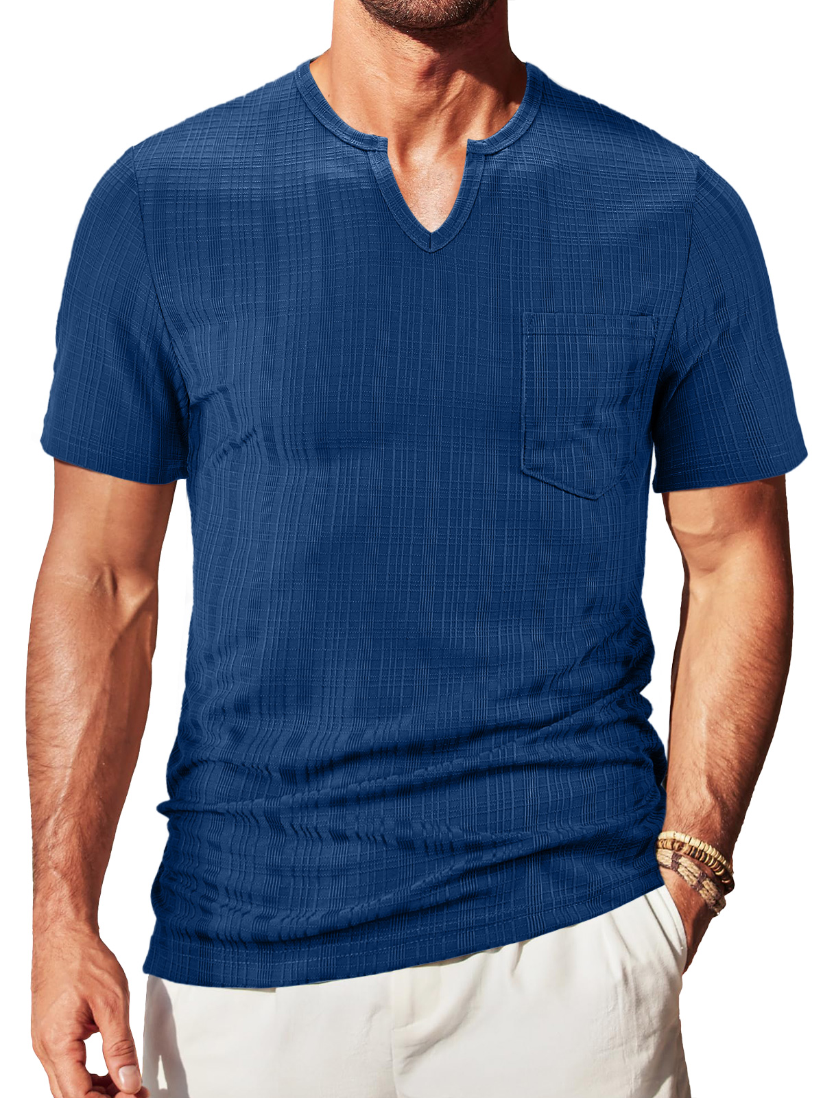 Men's V-neck Textured Pocket Solid Color Short-sleeved T-shirt