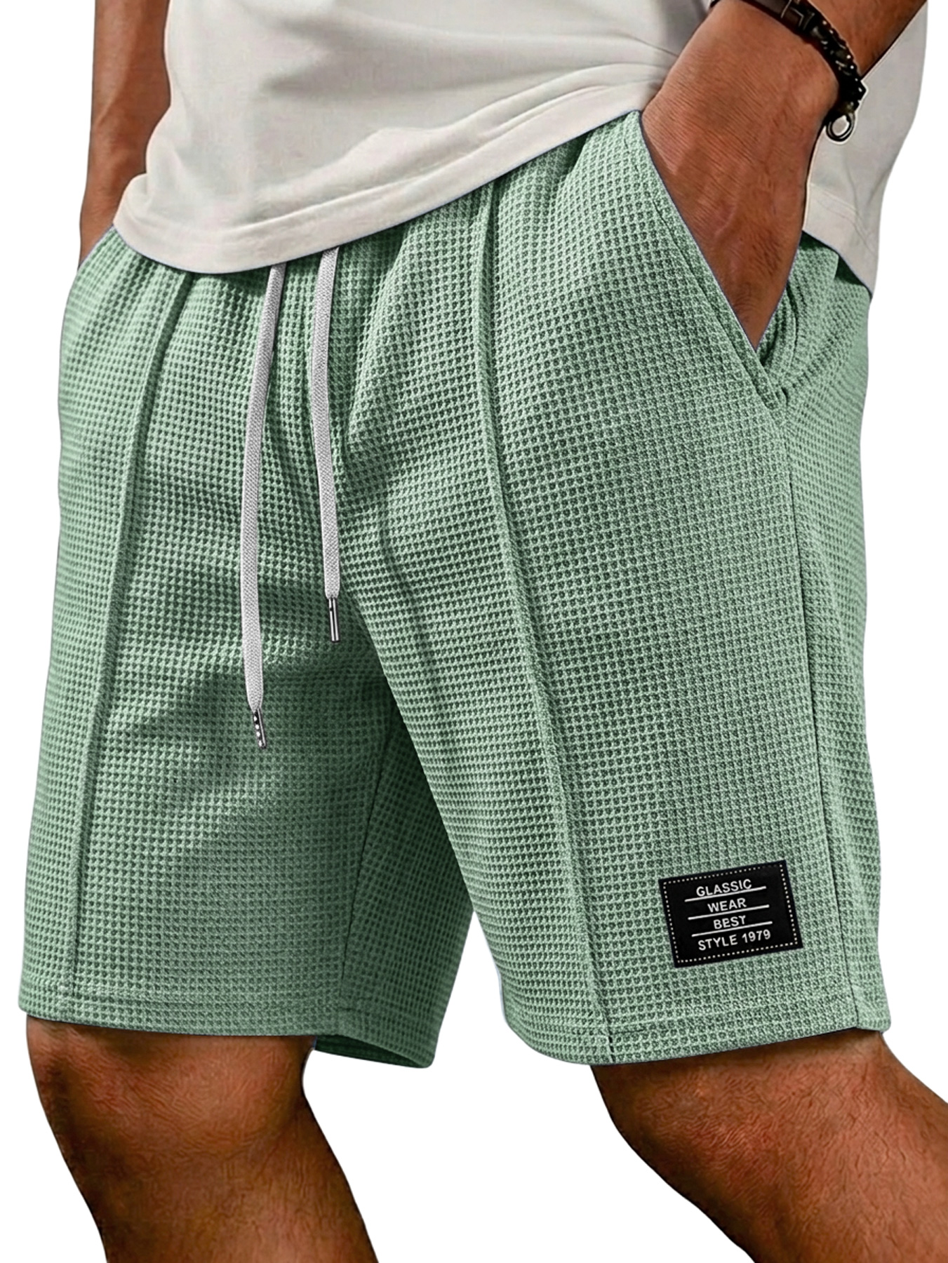 Men's Waffle Embroidered Logo Casual Solid Color Shorts