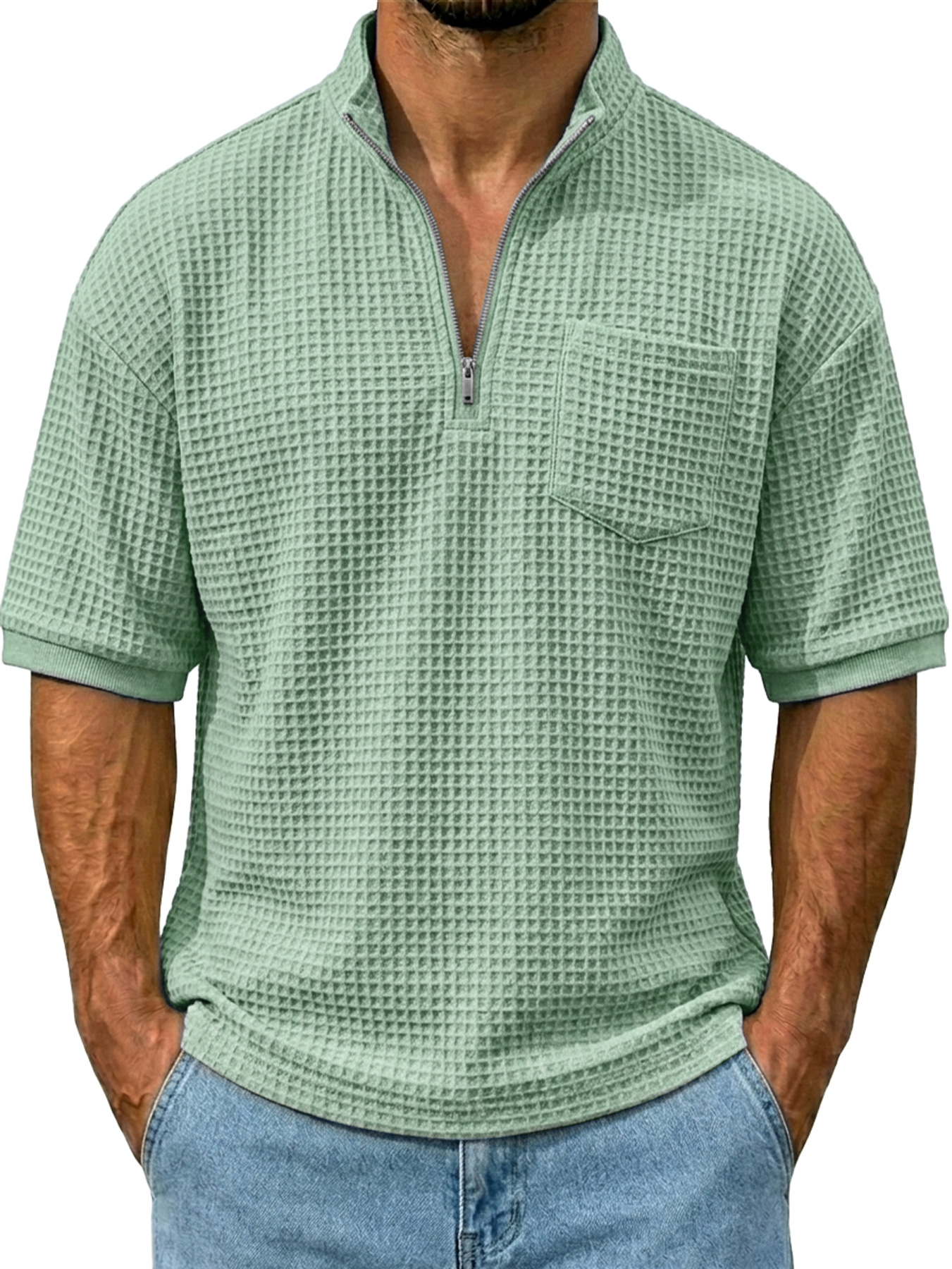 Men's Waffle Stand Collar Zipper Casual Pocket Short-sleeve T-shirt