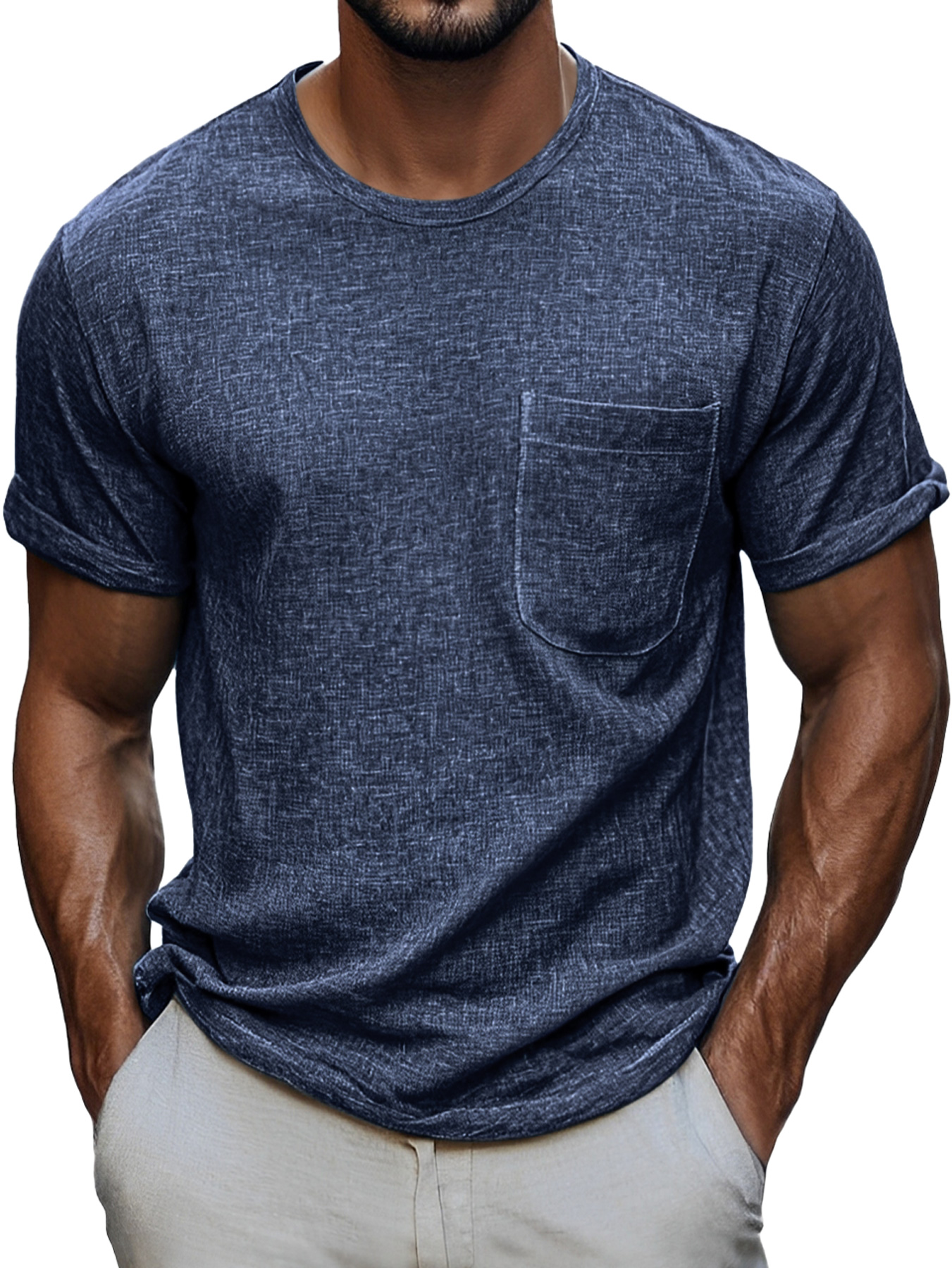 Men's Daily Round Neck Pocket Casual Comfortable Solid Color Short Sleeve T-shirt