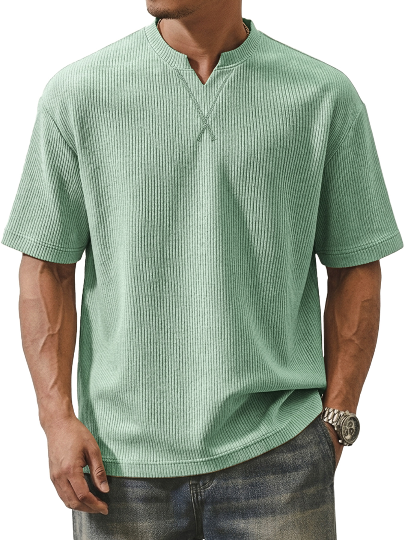Men's Ribbed V-neck Crossover Design Casual Short-sleeve T-shirt
