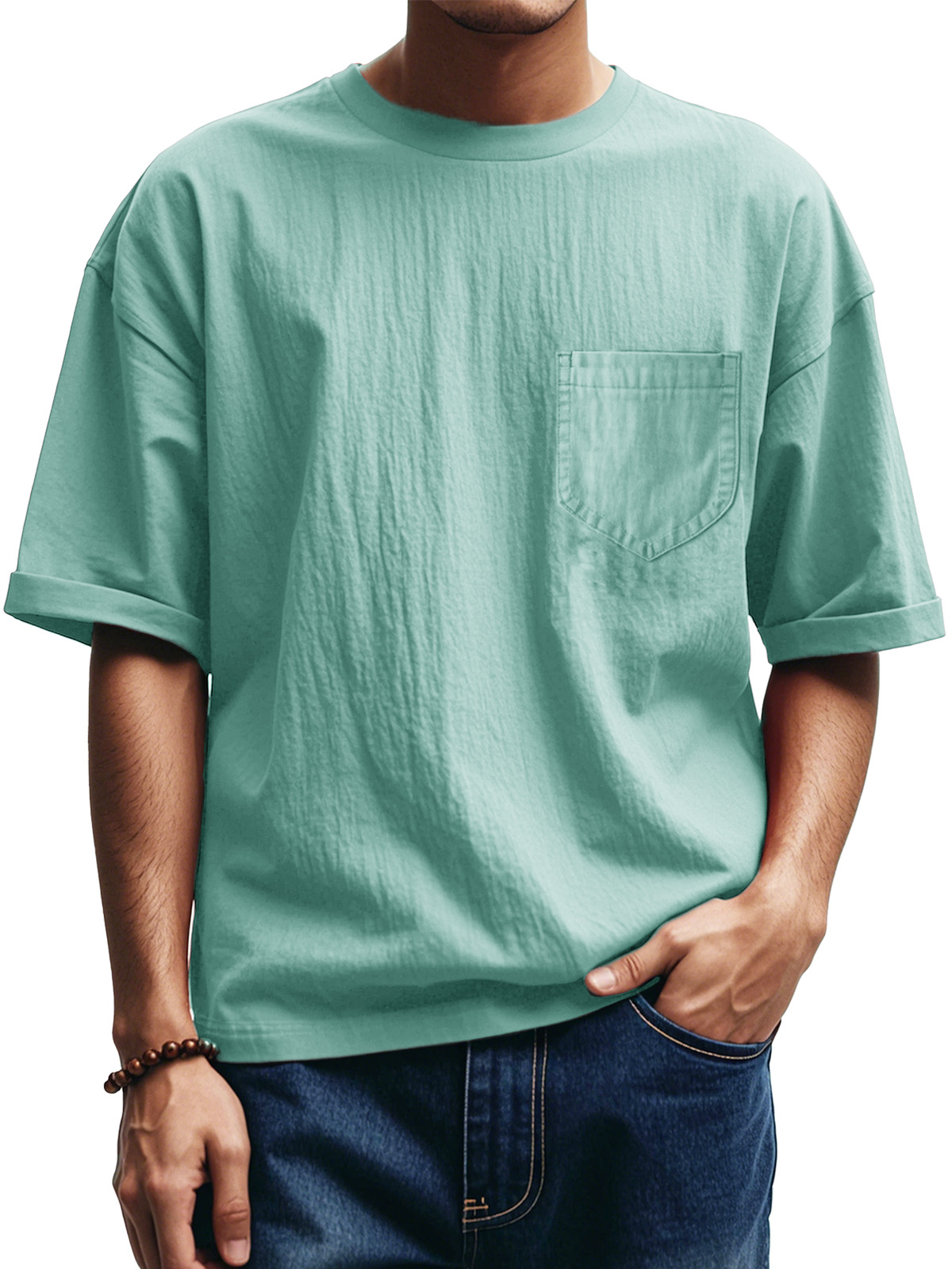 Men's Fashion Casual Pleated Round Neck Short Sleeve Pocket T-Shirt