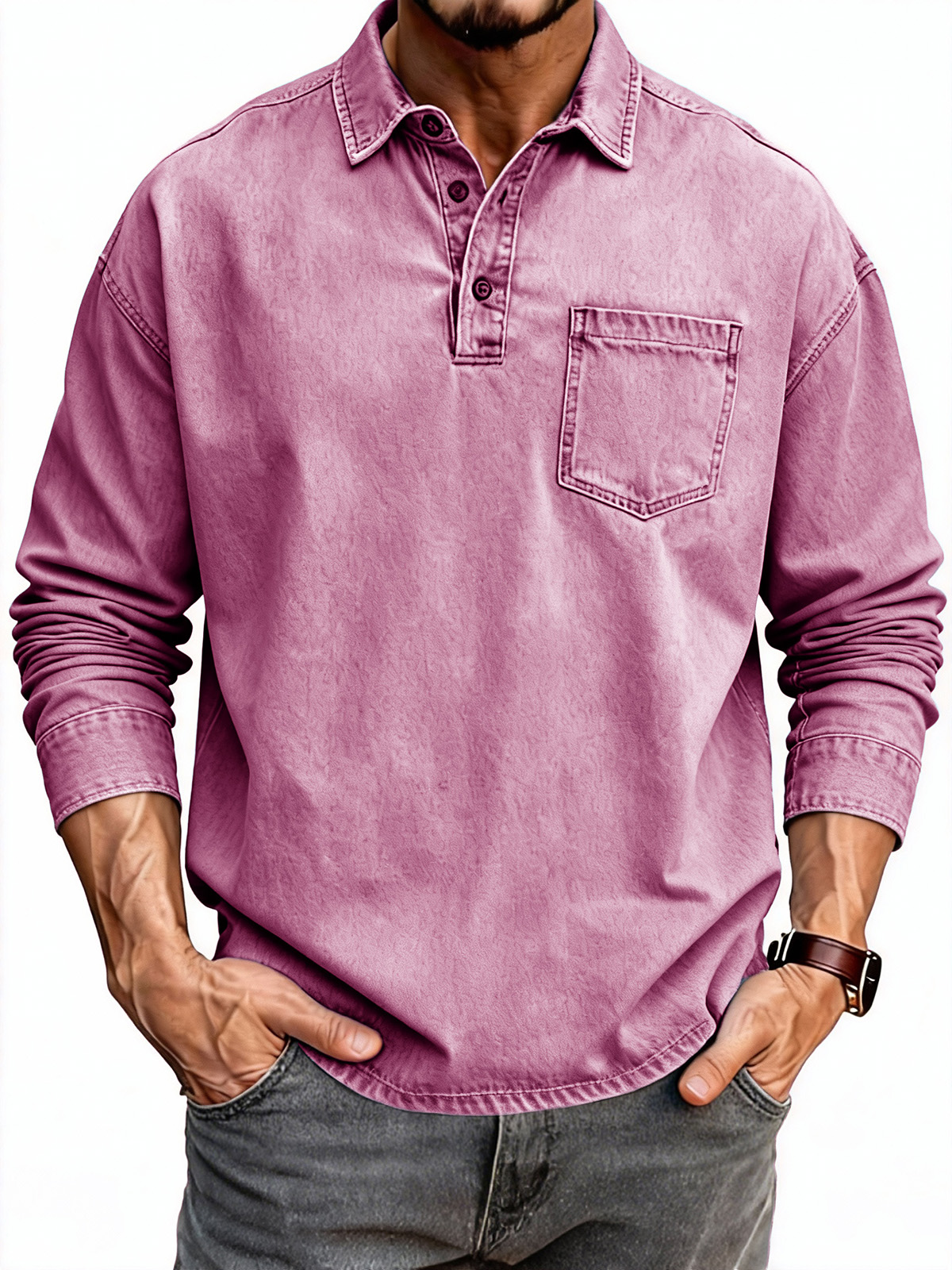 Men's Fashion Retro Distressed Lapel Pocket Long-Sleeve Polo Shirt