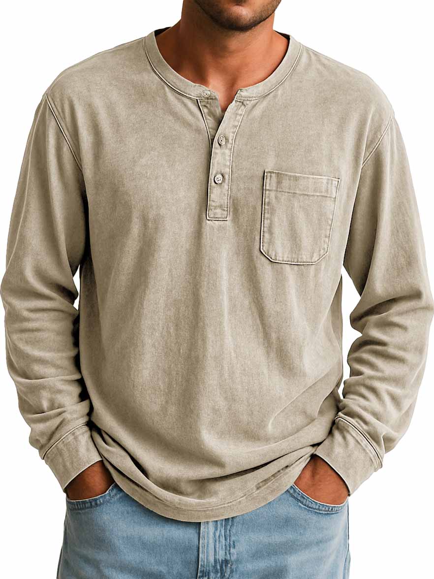 Men's Stylish Retro Outdoor Distressed Pocket Stand Collar Long-sleeved Henley Shirt