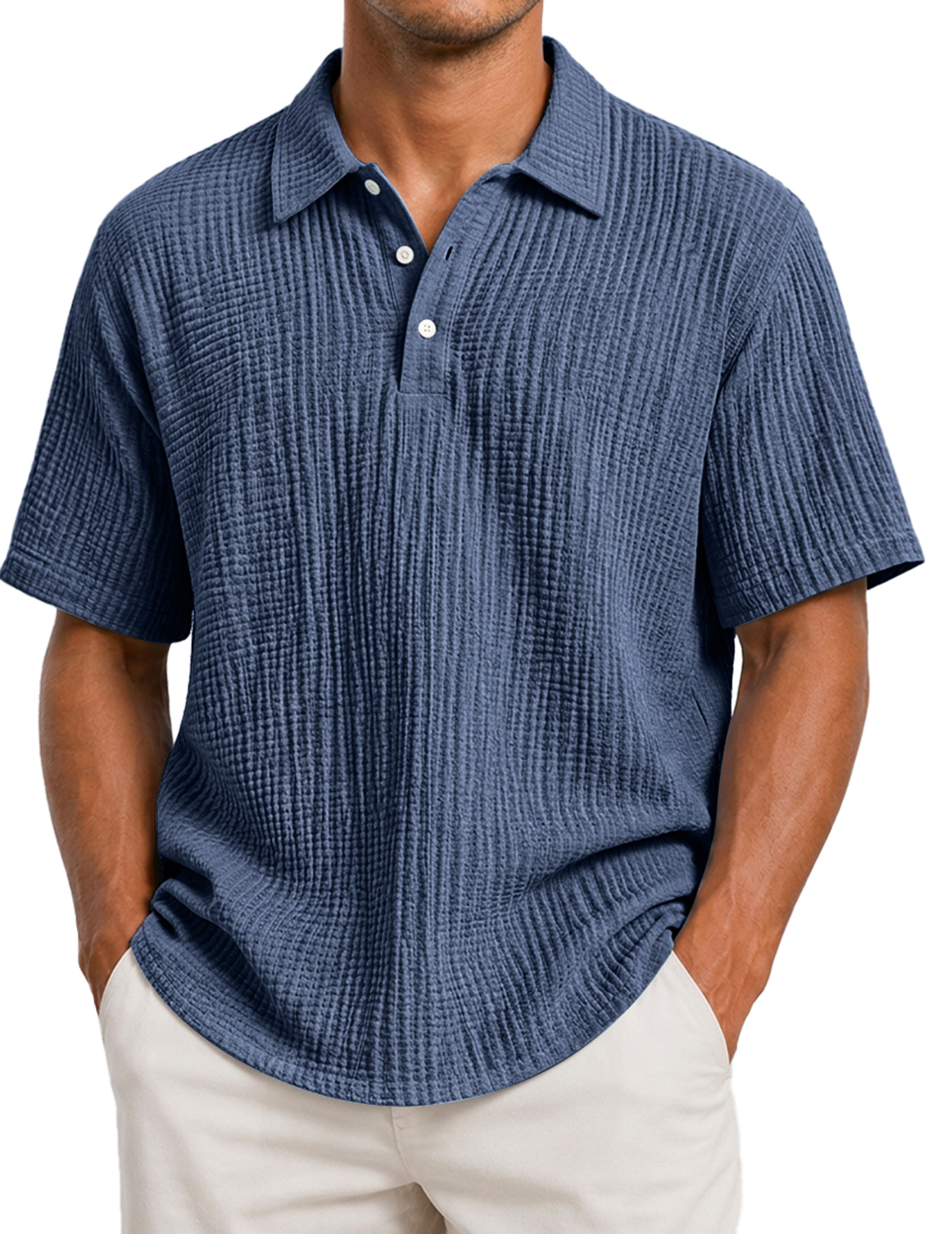 Men's Casual Short-Sleeve Polo Shirt with Pleated Collar and Button Placket