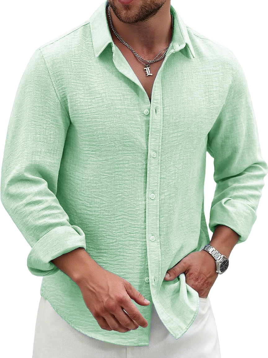 Men's Fashion Casual Pleated Fabric Lapel Long-sleeved Shirt