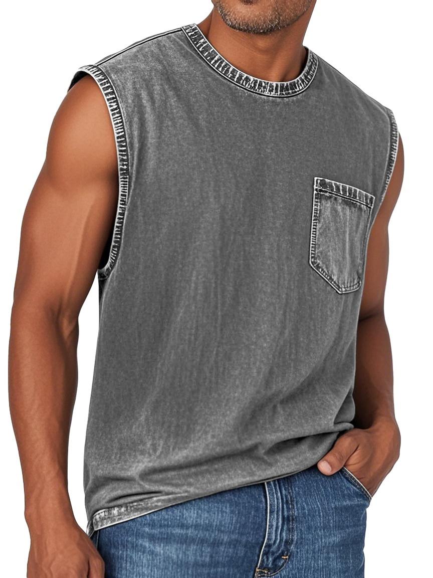 Men's Fashion Retro Washed Round Neck Pocket Sleeveless T-shirt