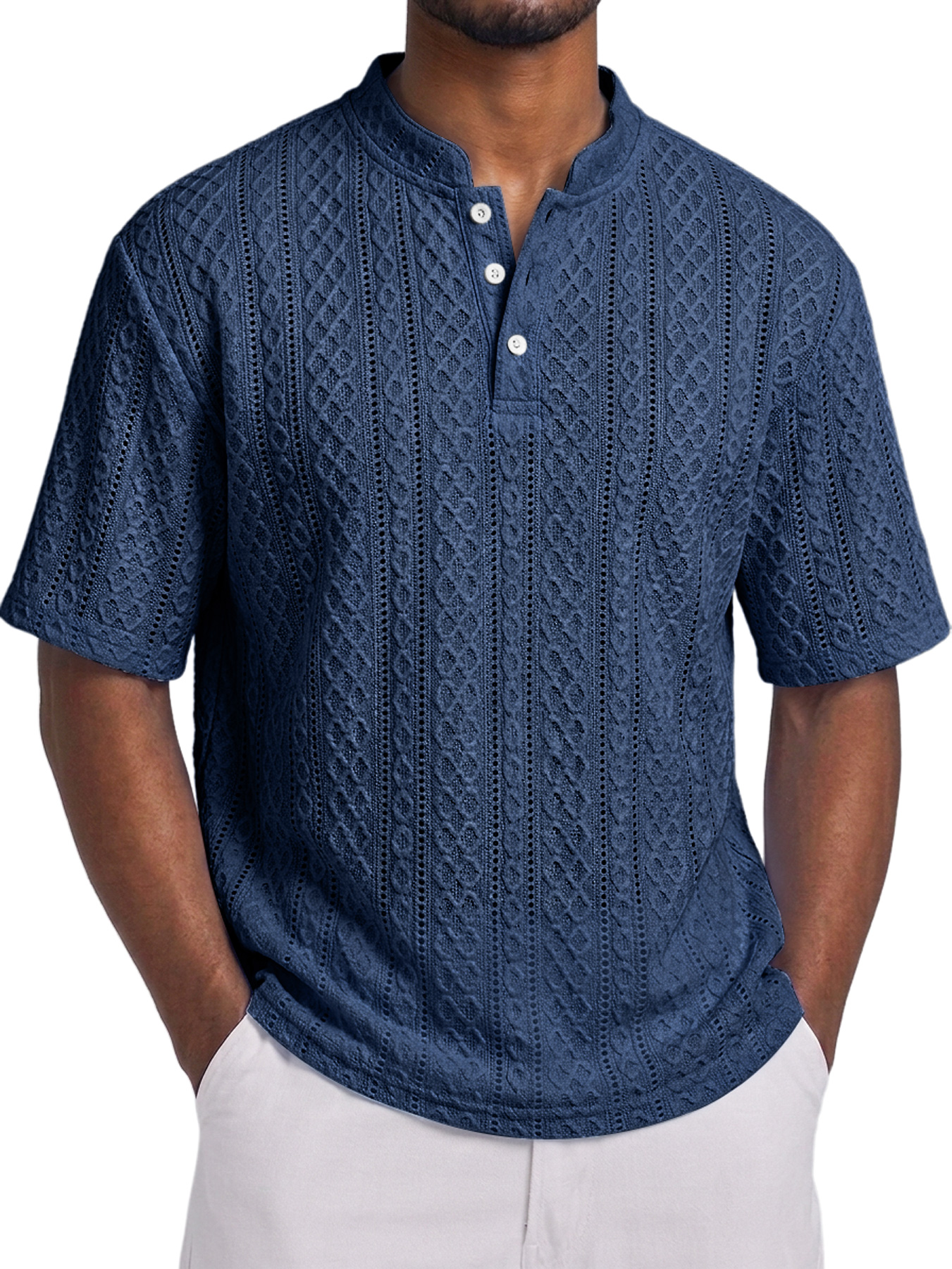 Men's Short-Sleeve Henley Shirt with Stand Collar, Button Placket, and Textured Jacquard Finish