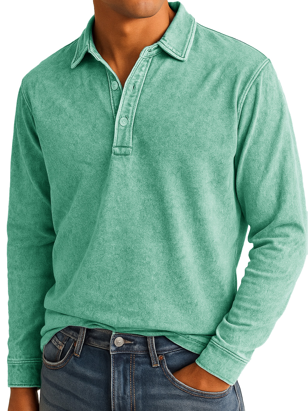 Men's Stylish Vintage Washed And Distressed Lapel Long-sleeved Polo Shirt