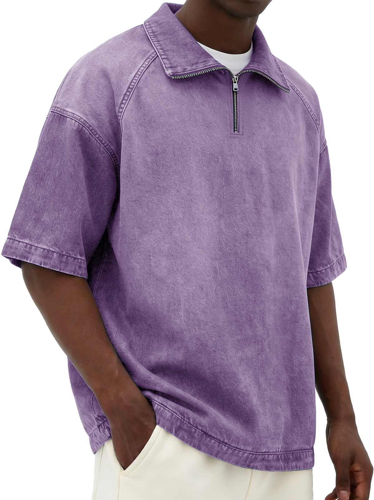Men's Retro Distressed Zipper Raglan Collar Loose-Fit Short-Sleeve Polo Shirt