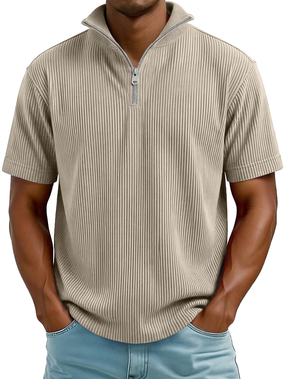 Men's Everyday Ribbed Stand-collar Zip-up Casual Short-sleeved T-shirt
