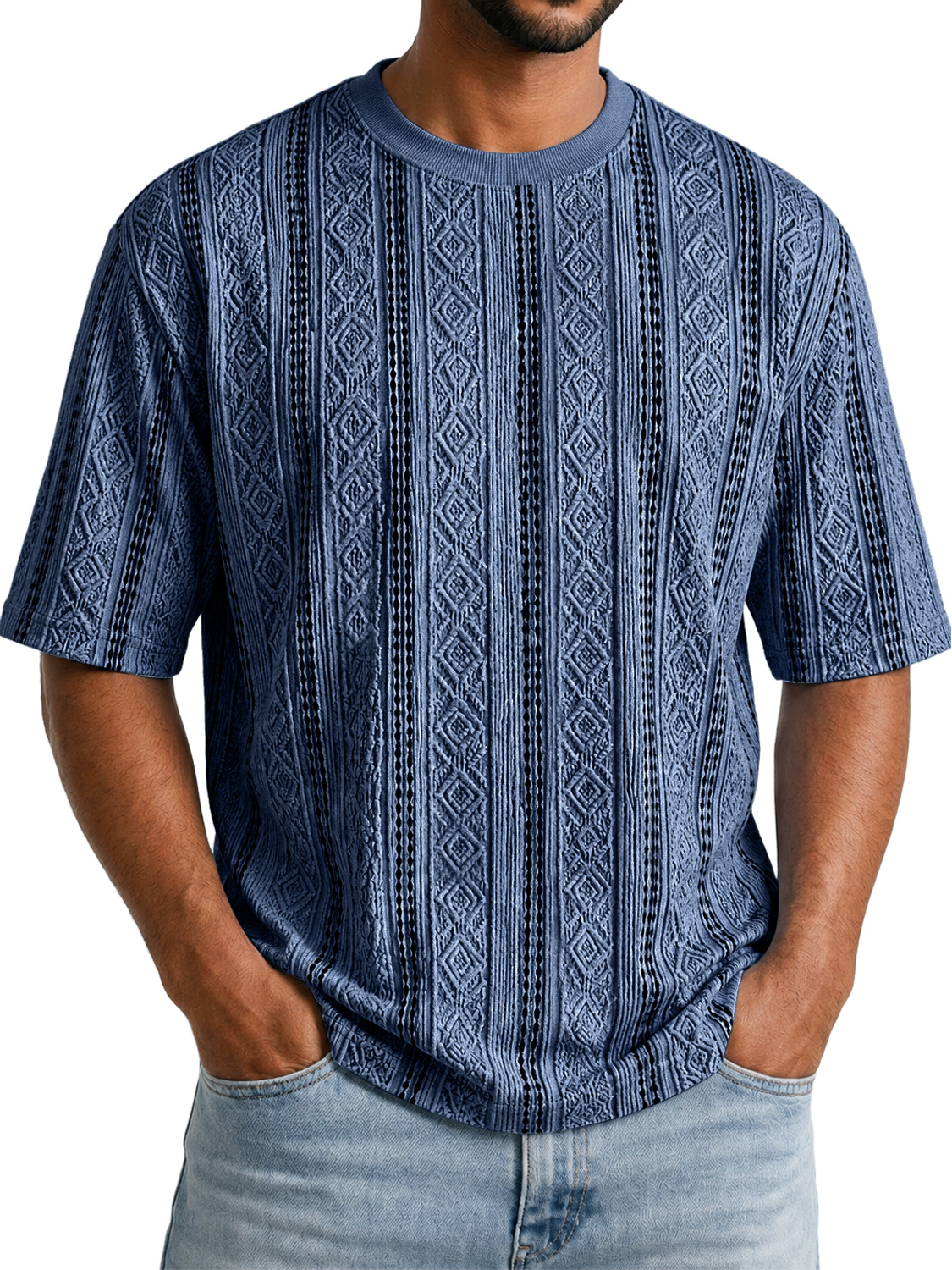 Men's Solid-Color Short-Sleeve Crew-Neck T-Shirt with Jacquard Texture