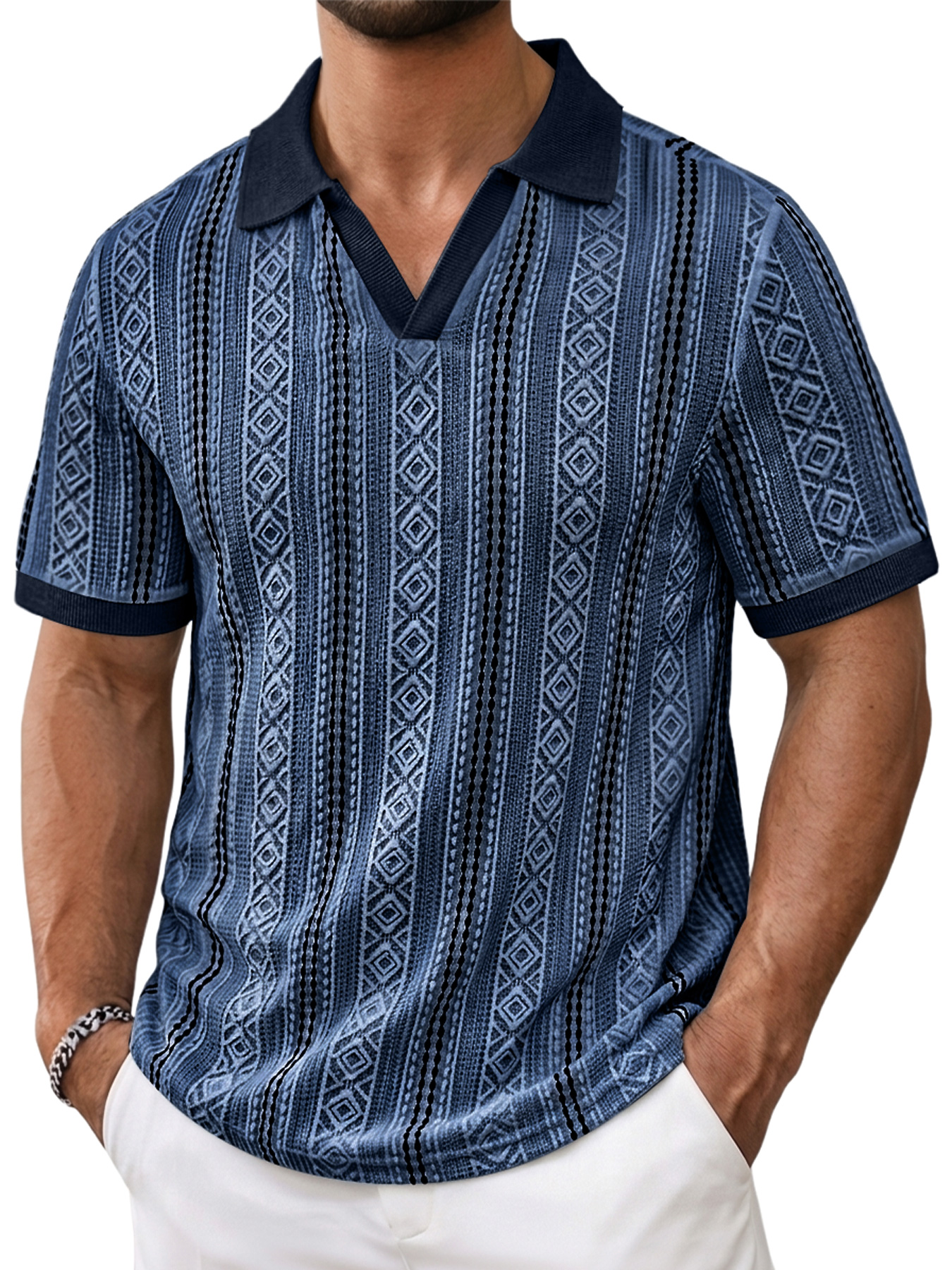 Men's Color-Blocked Seagull Collar Jacquard Textured Casual Short-Sleeve Polo Shirt