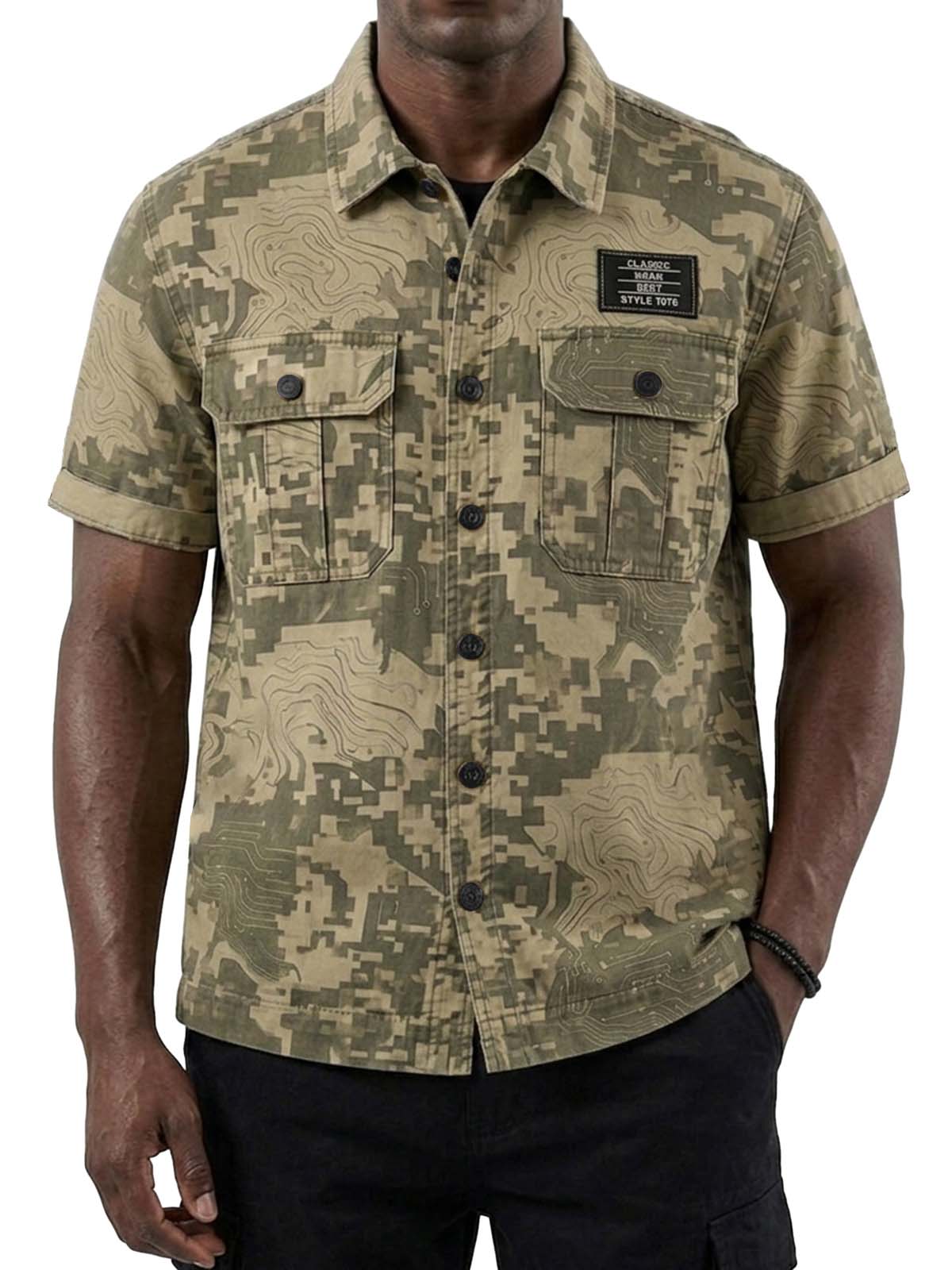 Digital Camouflage Double-Pocket Basic Cargo Shirt
