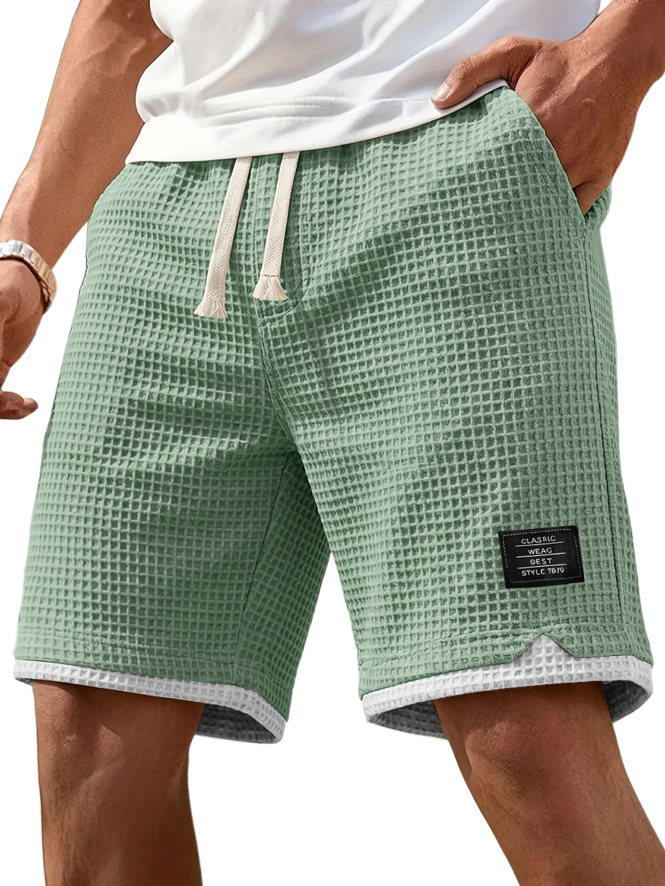 Men's Casual Waffle Color Block Embroidered Logo Loose Shorts