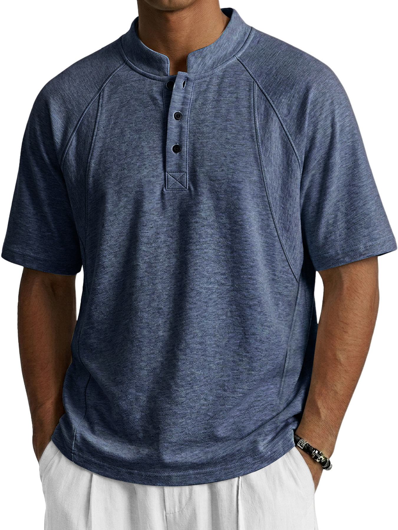 Men's Deconstructed Design Stand-up Collar Button Casual Short-sleeved Henley Shirt