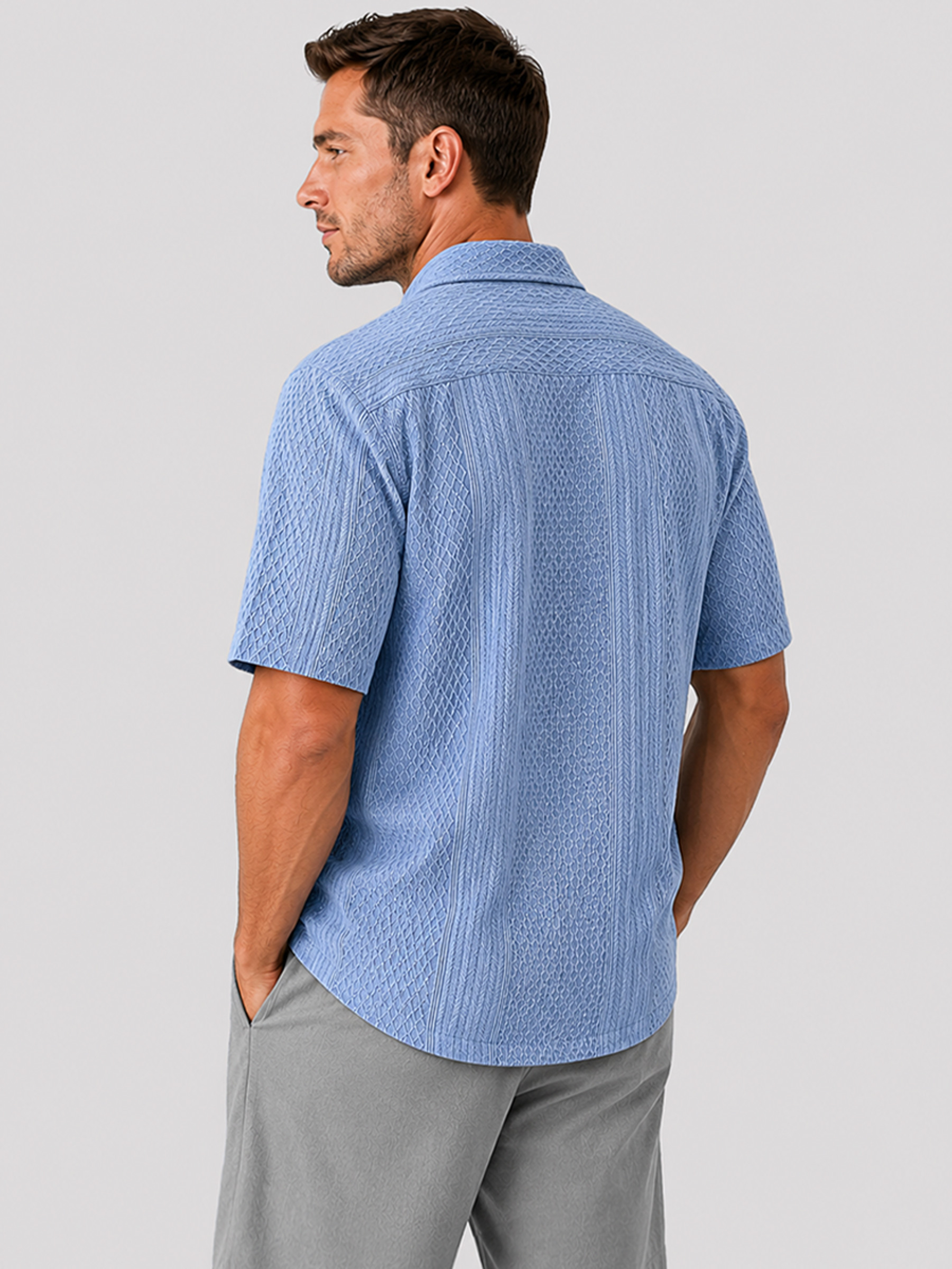 Men's Casual Jacquard Textured Solid Color Short-Sleeve Shirt