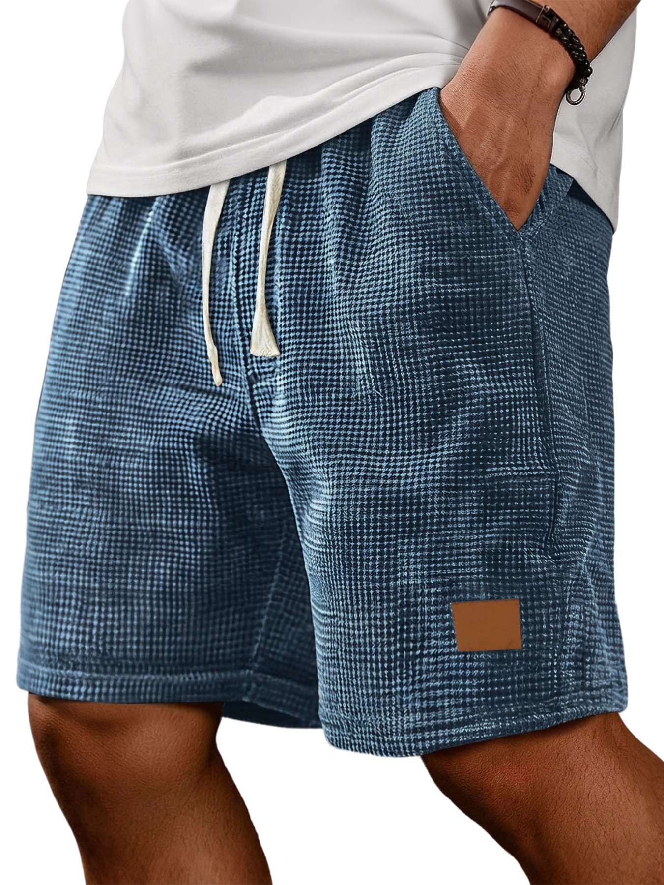 Men's Retro Corduroy Waffle Knit Embroidered Leather Label Casual Loose Shorts
