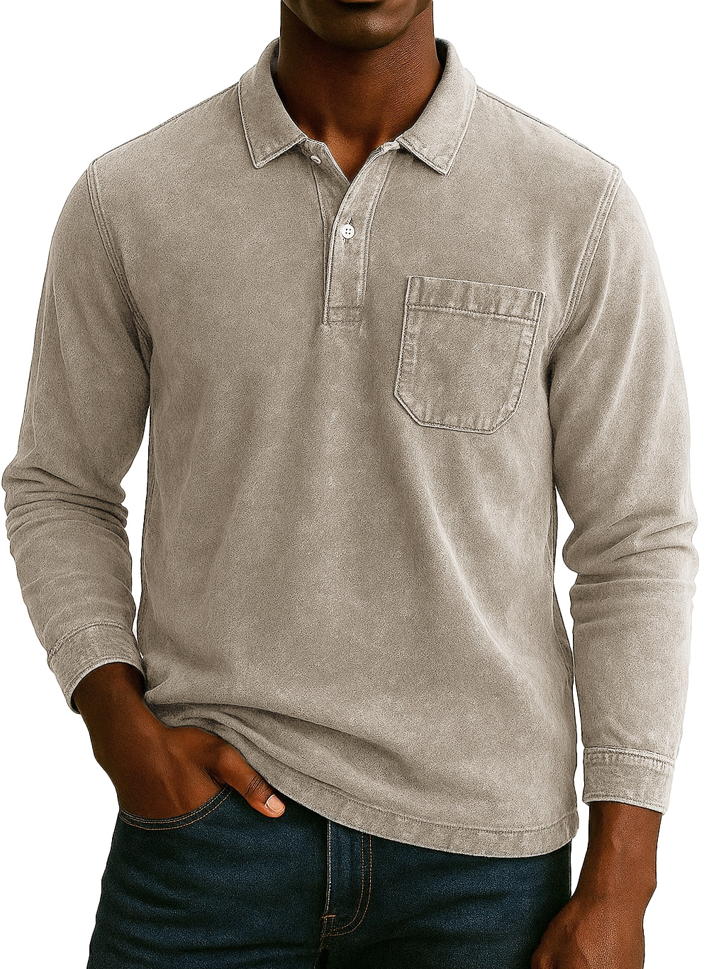 Men's Retro-chic Distressed Pocket Lapel Long-sleeved Polo Shirt