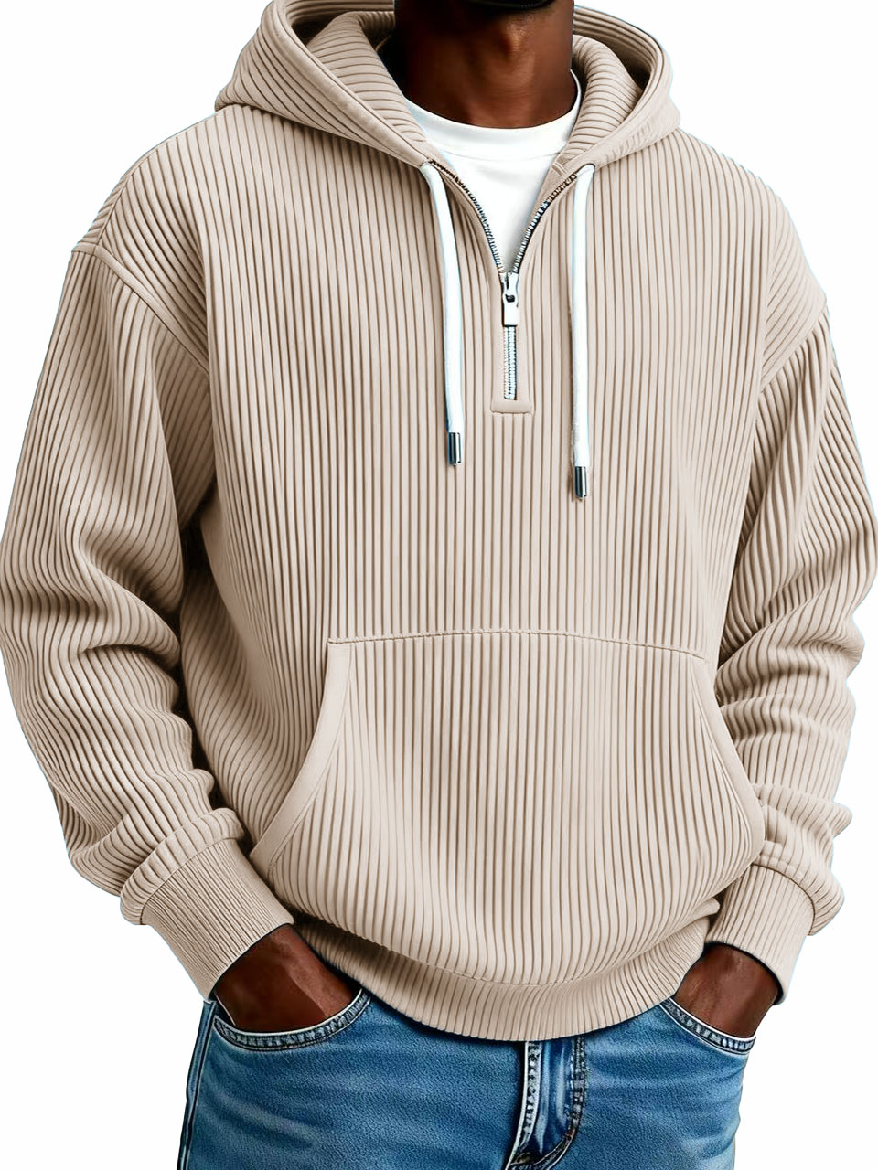 Men's Stylish Casual Ribbed Fabric Half-zip Pocket Hooded Sweatshirt