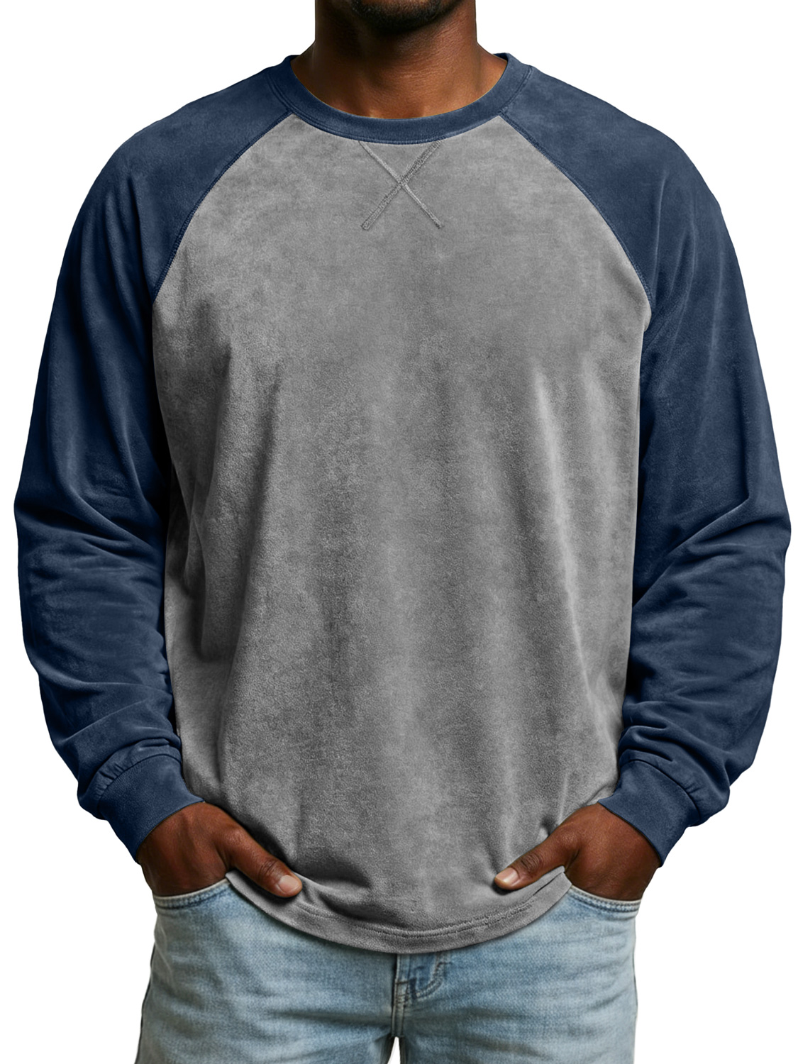 Men's Vintage Suede Patchwork Long-sleeved Casual T-shirt With Criss-cross Design