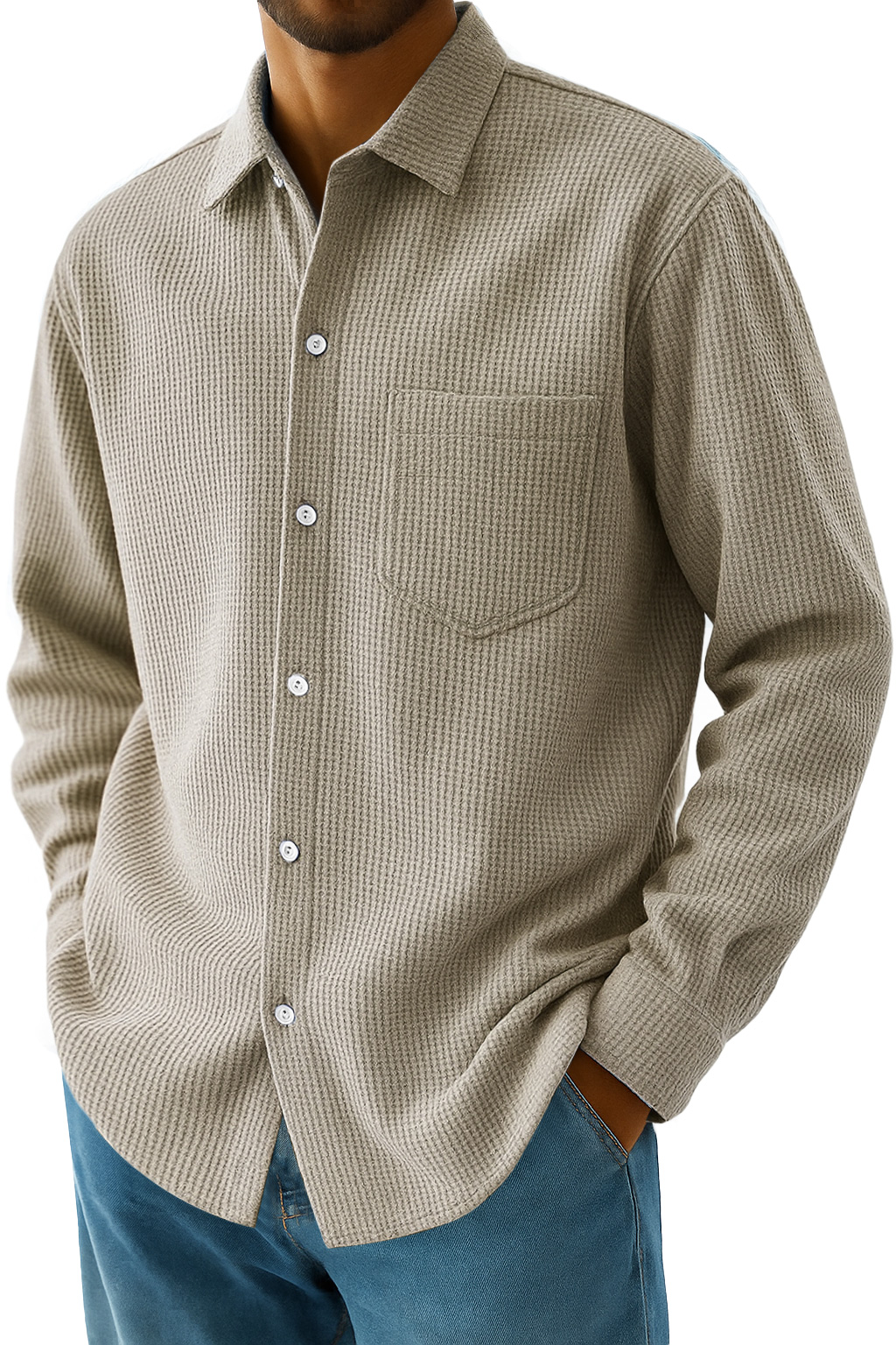 Men's Everyday Waffle Casual Pocket Long Sleeve Shirt
